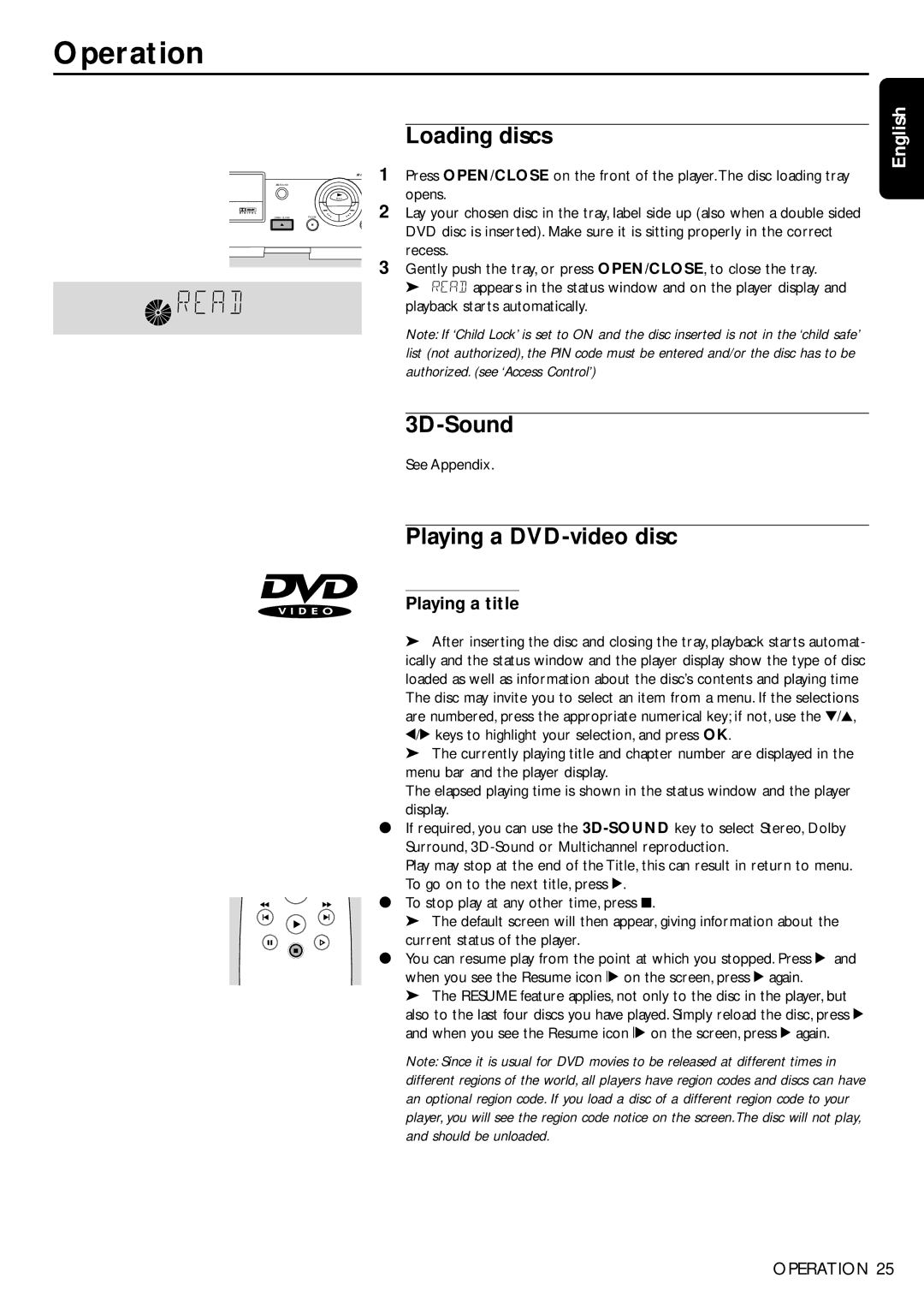 Philips DVD955, DVD956 manual Operation, Loading discs, 3D-Sound, Playing a DVD-video disc, Playing a title 