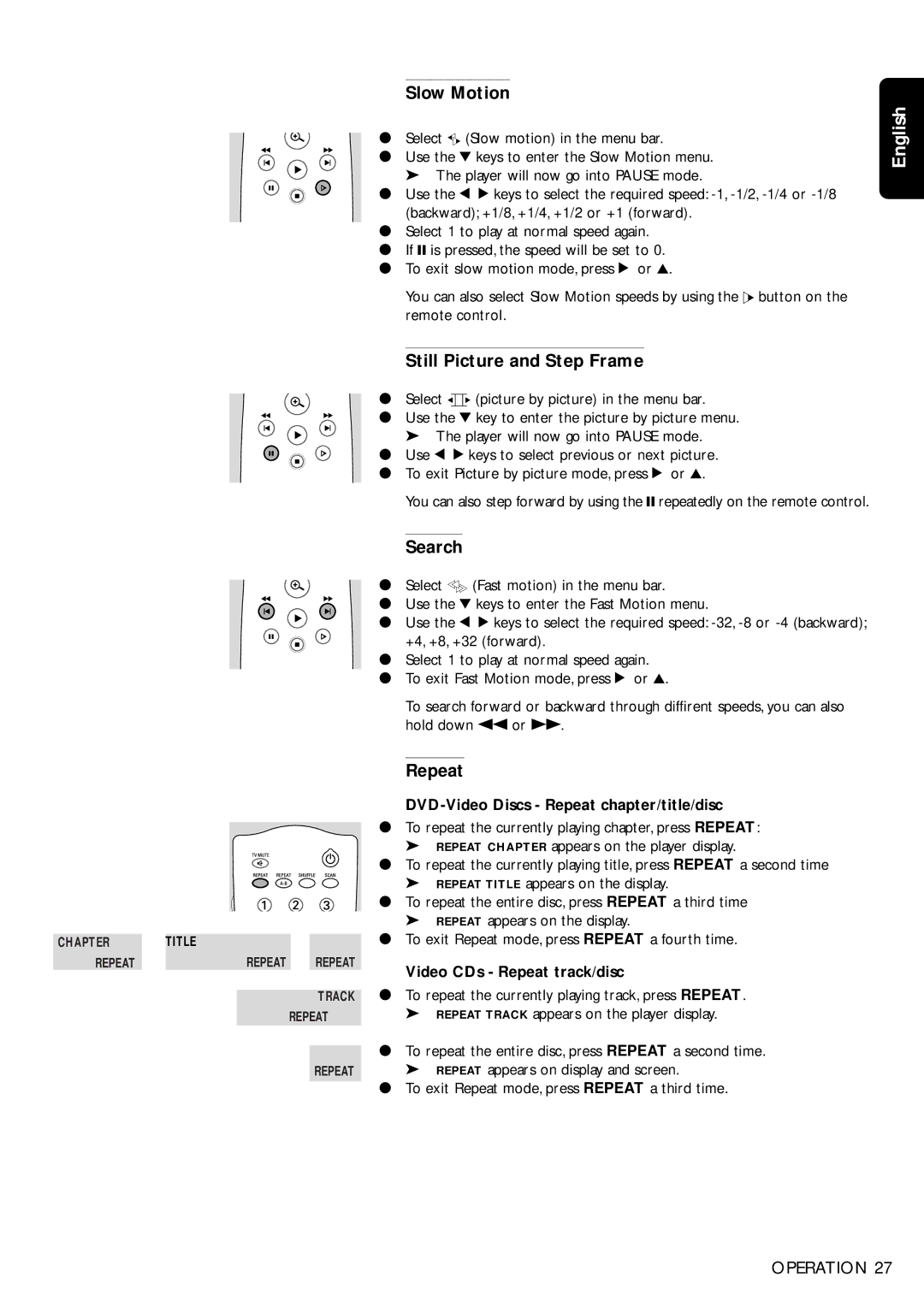 Philips DVD955, DVD956 manual Slow Motion, Still Picture and Step Frame, Search, Repeat 