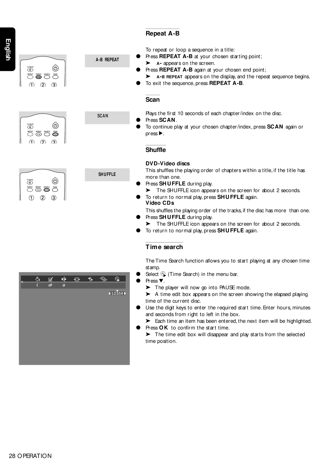 Philips DVD956, DVD955 manual Repeat A-B, Scan, Shuffle, Time search 