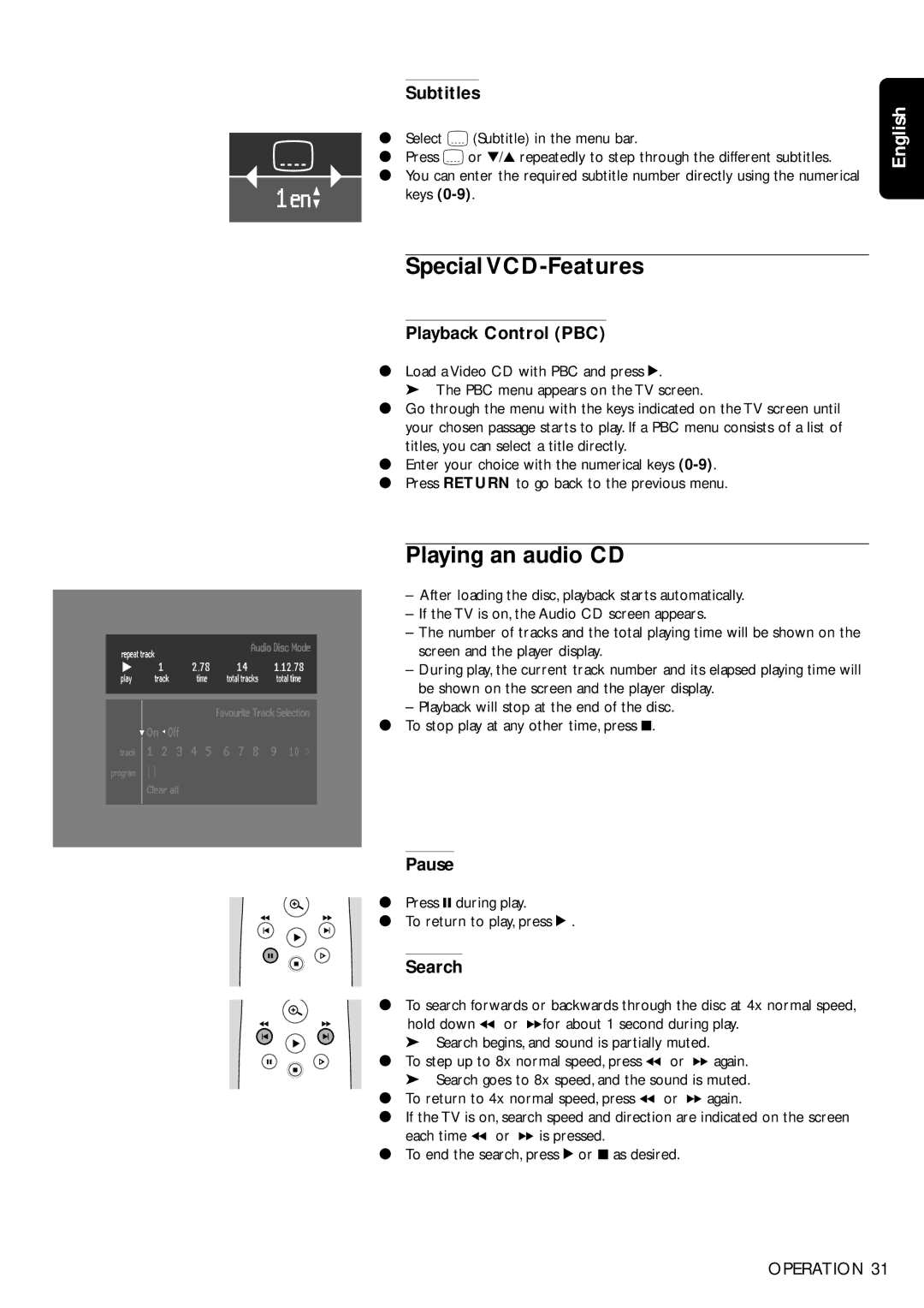 Philips DVD955, DVD956 manual Special VCD-Features, Playing an audio CD, Subtitles, Playback Control PBC, Pause 