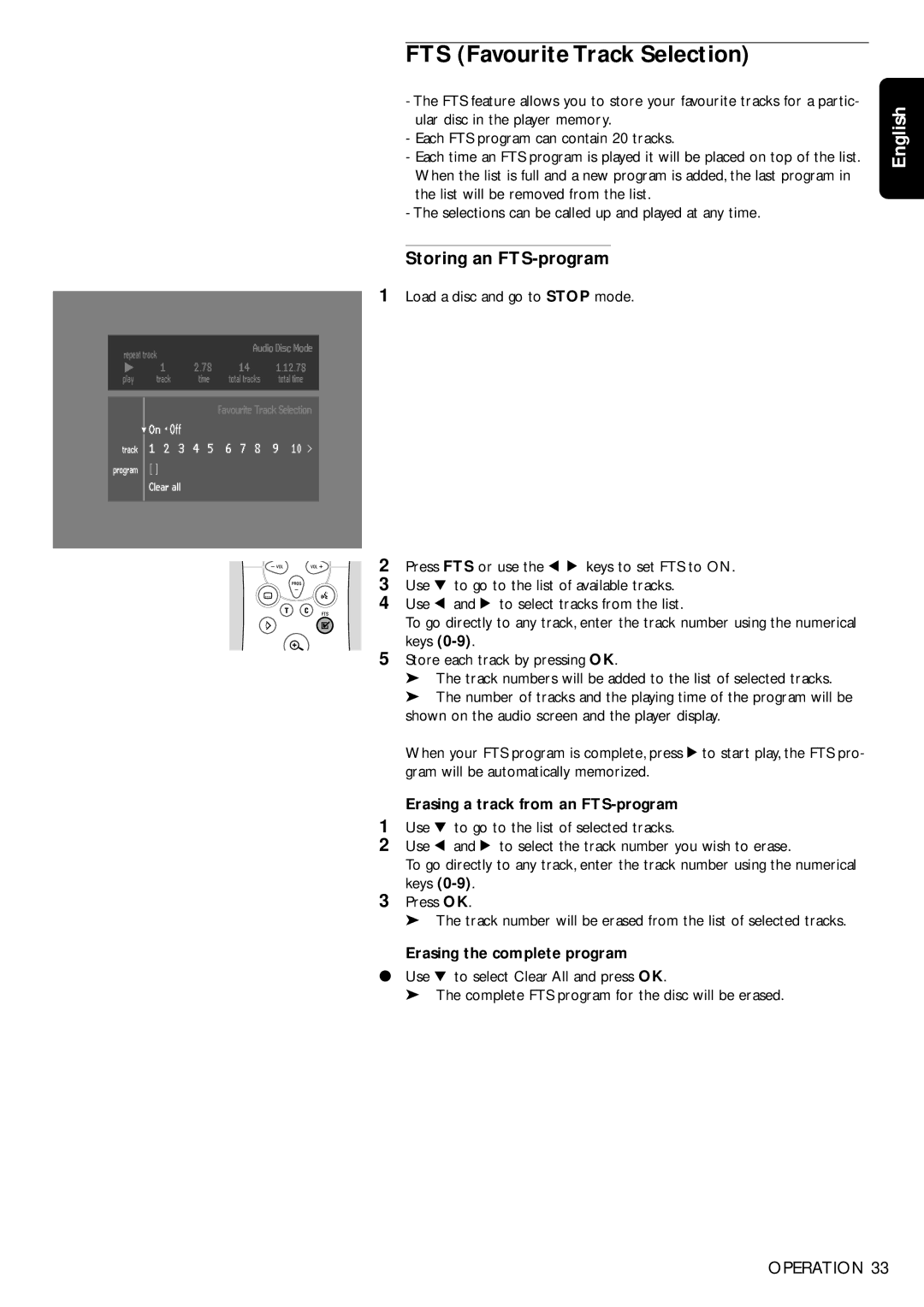 Philips DVD955, DVD956 manual FTS Favourite Track Selection, Storing an FTS-program, Erasing a track from an FTS-program 