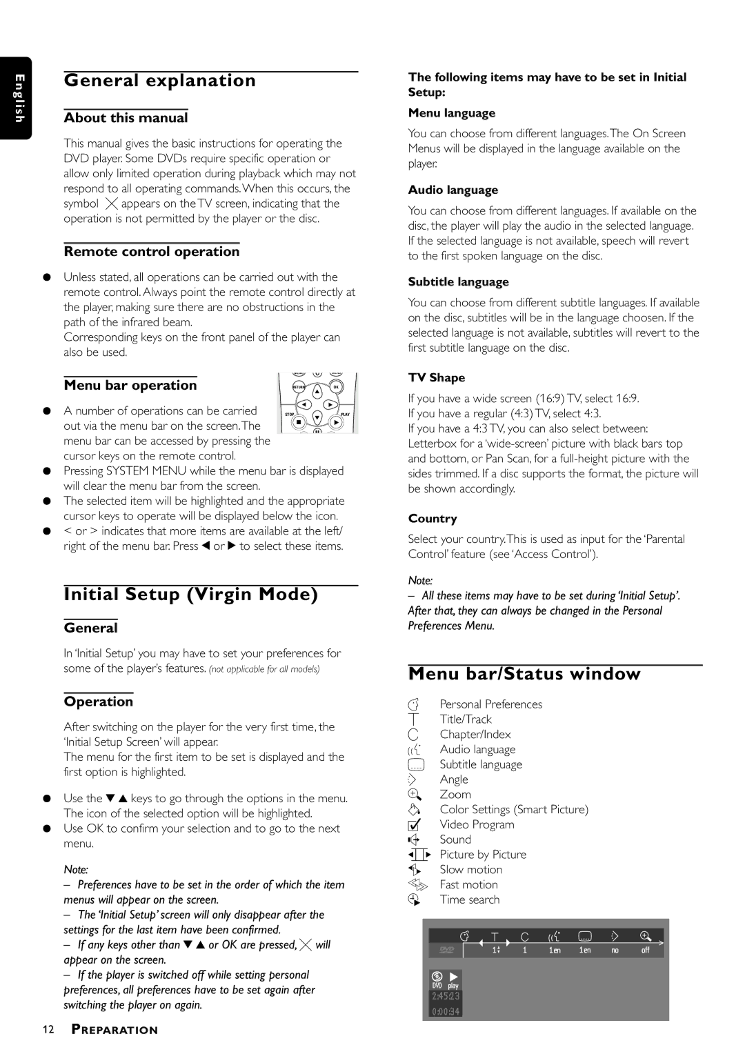 Philips DVD957/G55 manual General explanation, Initial Setup Virgin Mode, Menu bar/Status window 