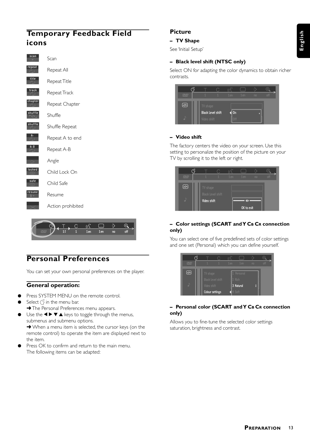 Philips DVD957/G55 manual Temporary Feedback Field icons, Personal Preferences, General operation 