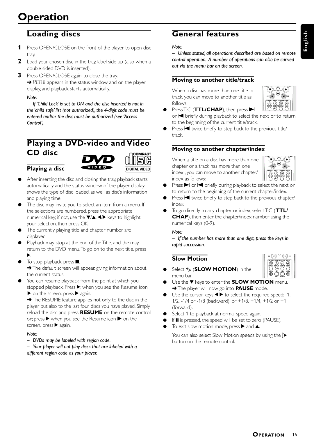 Philips DVD957/G55 manual Operation, Loading discs, Playing a DVD-video and Video CD disc, General features 