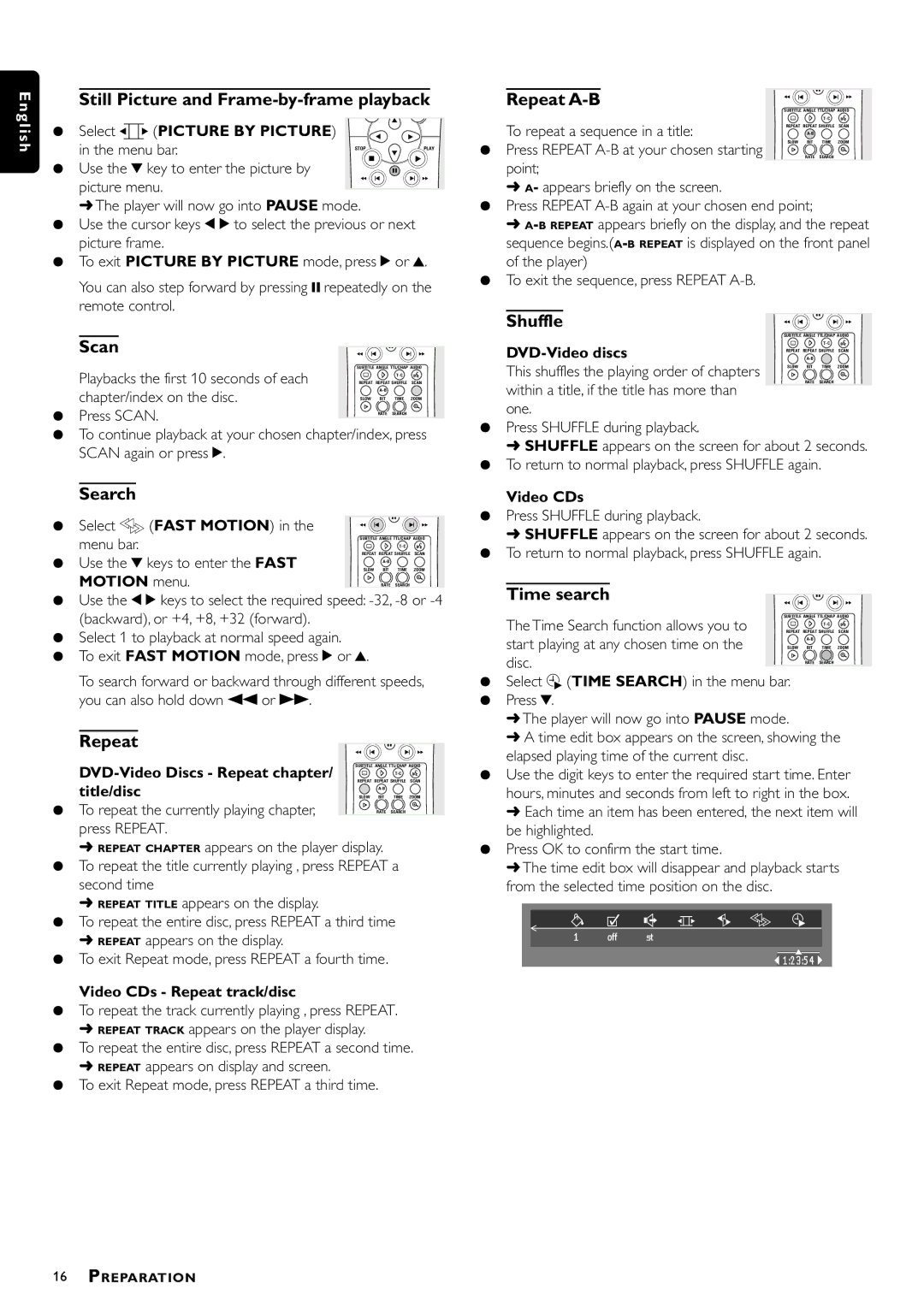 Philips DVD957/G55 manual Still Picture and Frame-by-frame playback, Scan, Search, Repeat A-B, Shuffle, Time search 