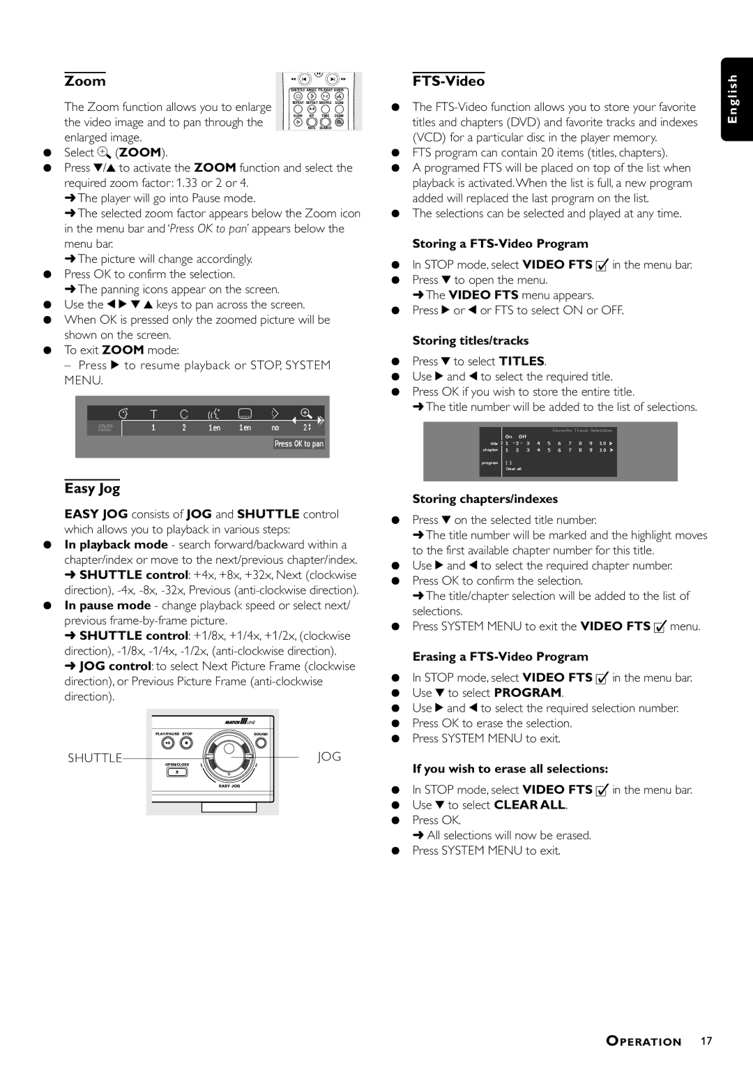 Philips DVD957/G55 manual Zoom, FTS-Video, Easy Jog, Shuttle 