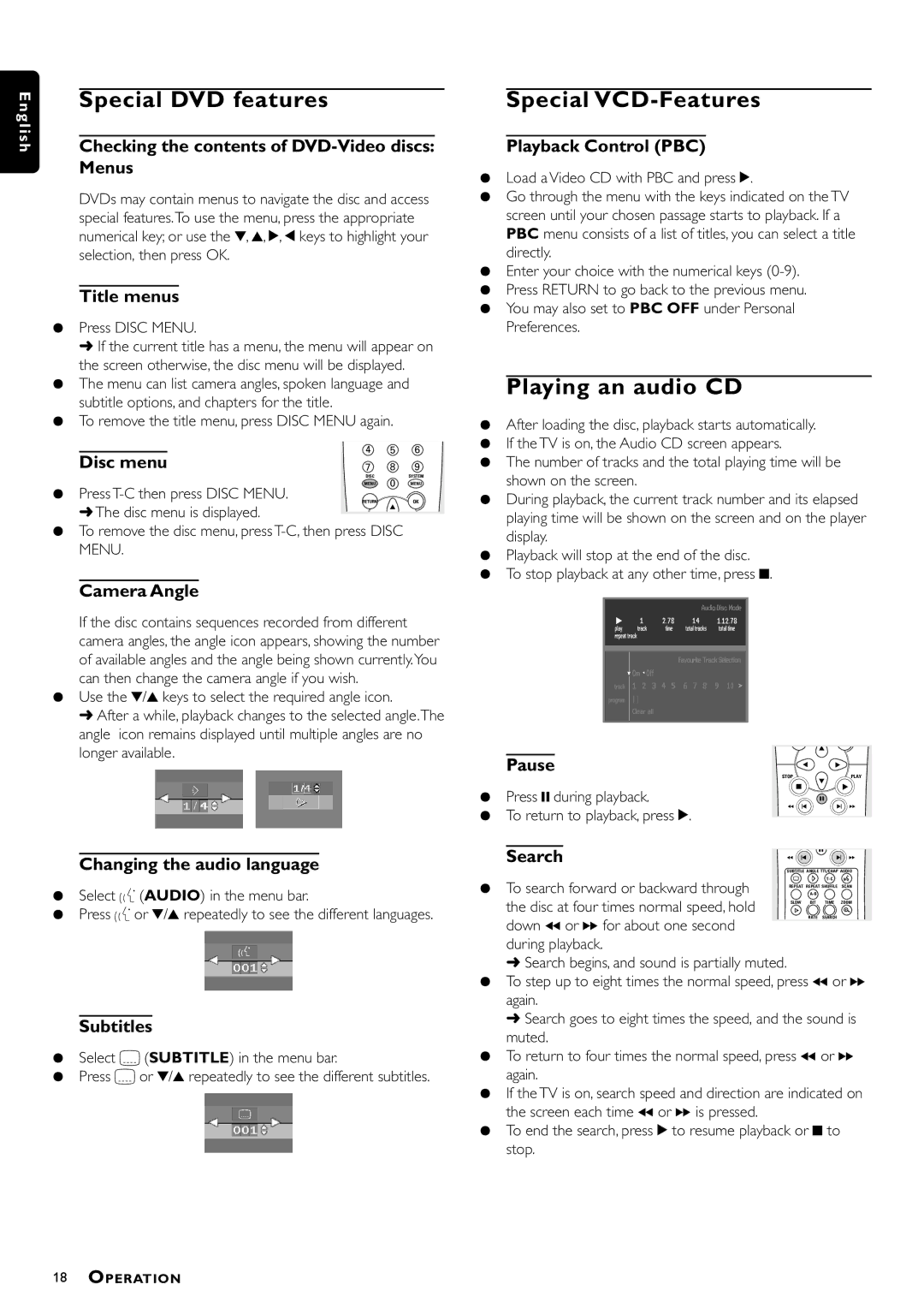 Philips DVD957/G55 manual Special DVD features, Special VCD-Features, Playing an audio CD 