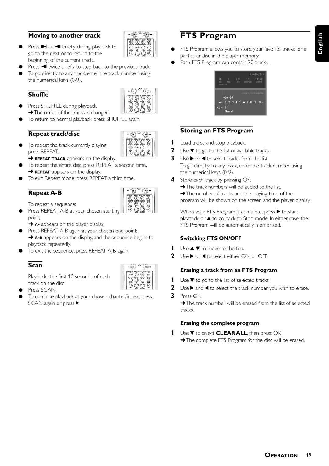 Philips DVD957/G55 manual Moving to another track, Repeat track/disc, Storing an FTS Program 