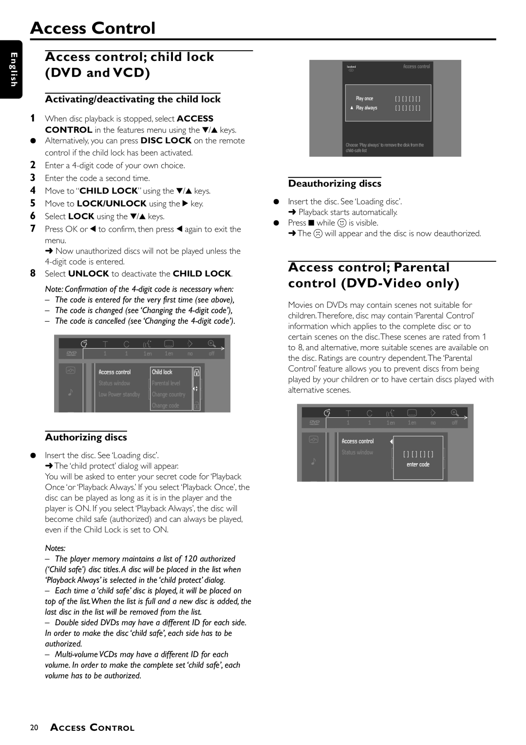 Philips DVD957/G55 Access Control, Access control child lock DVD and VCD, Access control Parental control DVD-Video only 