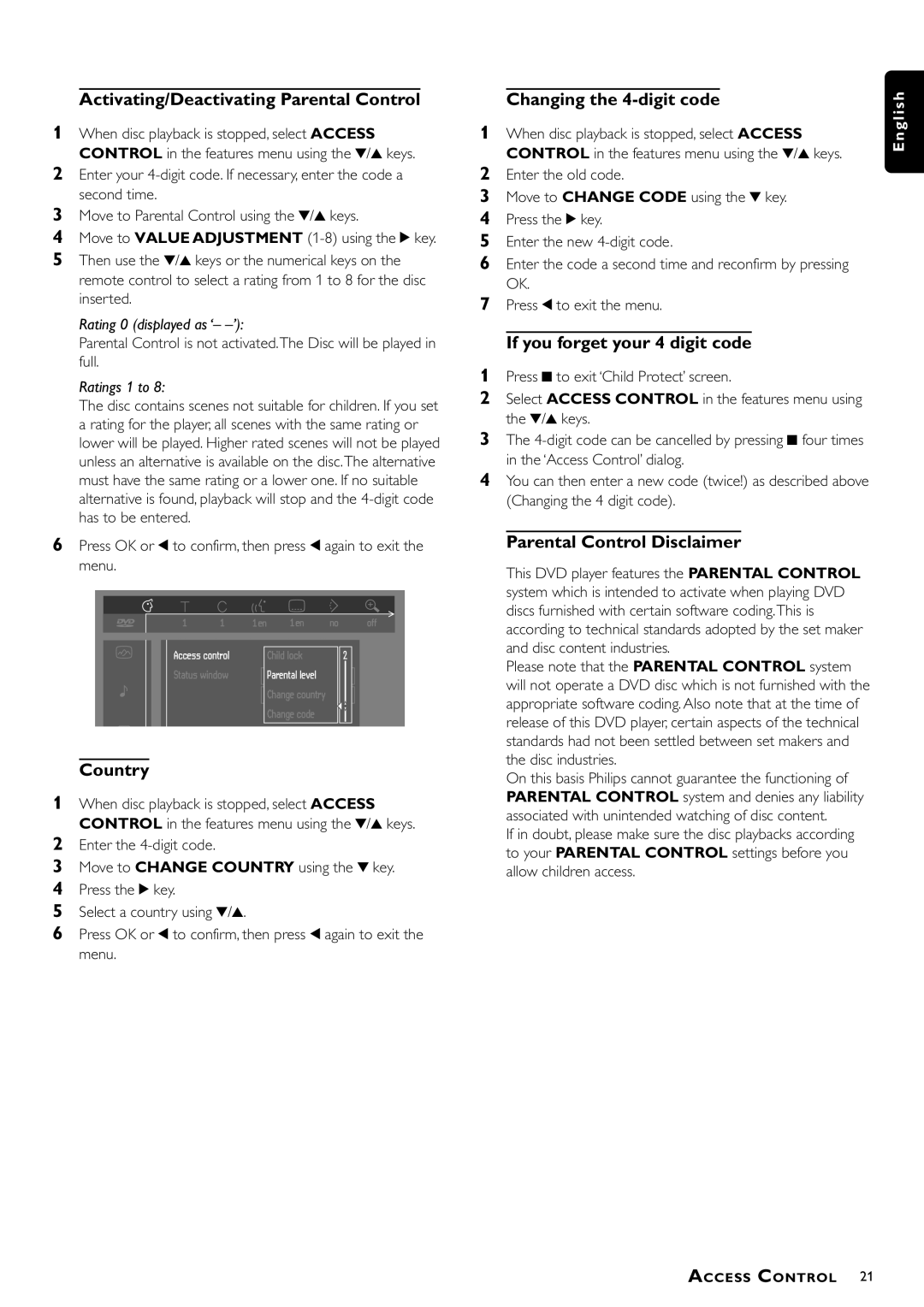 Philips DVD957 Activating/Deactivating Parental Control, Country, Changing the 4-digit code, Parental Control Disclaimer 