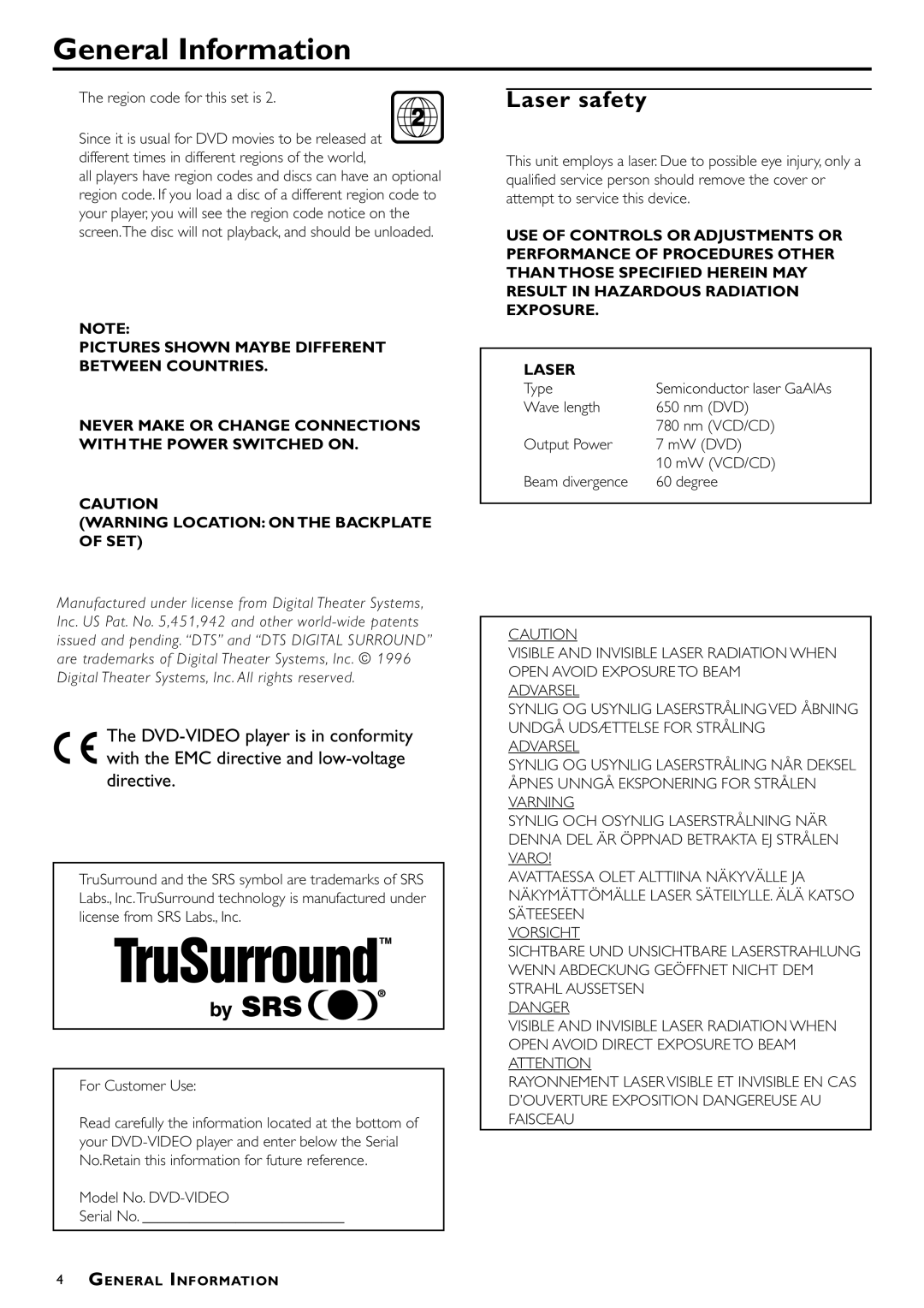 Philips DVD957/G55 manual General Information, Laser safety, Region code for this set is, Model No. DVD-VIDEO Serial No 