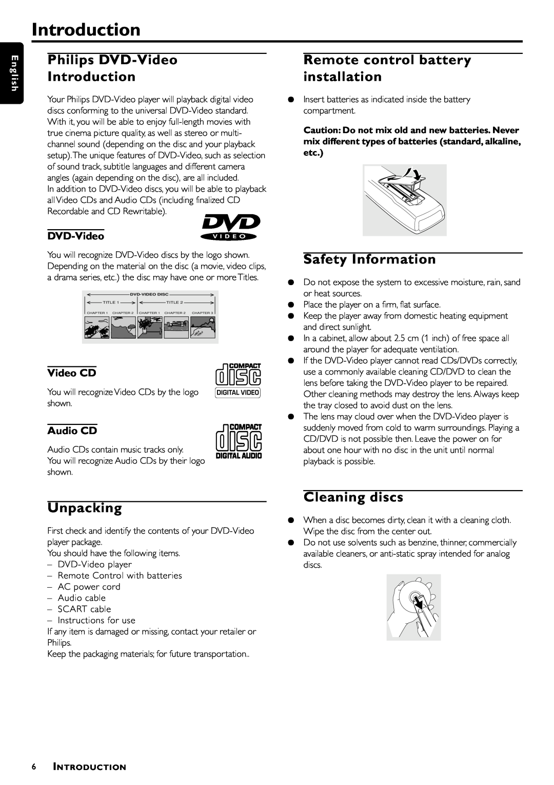 Philips DVD957/G55 Philips DVD-Video Introduction, Remote control battery installation, Safety Information, Unpacking 