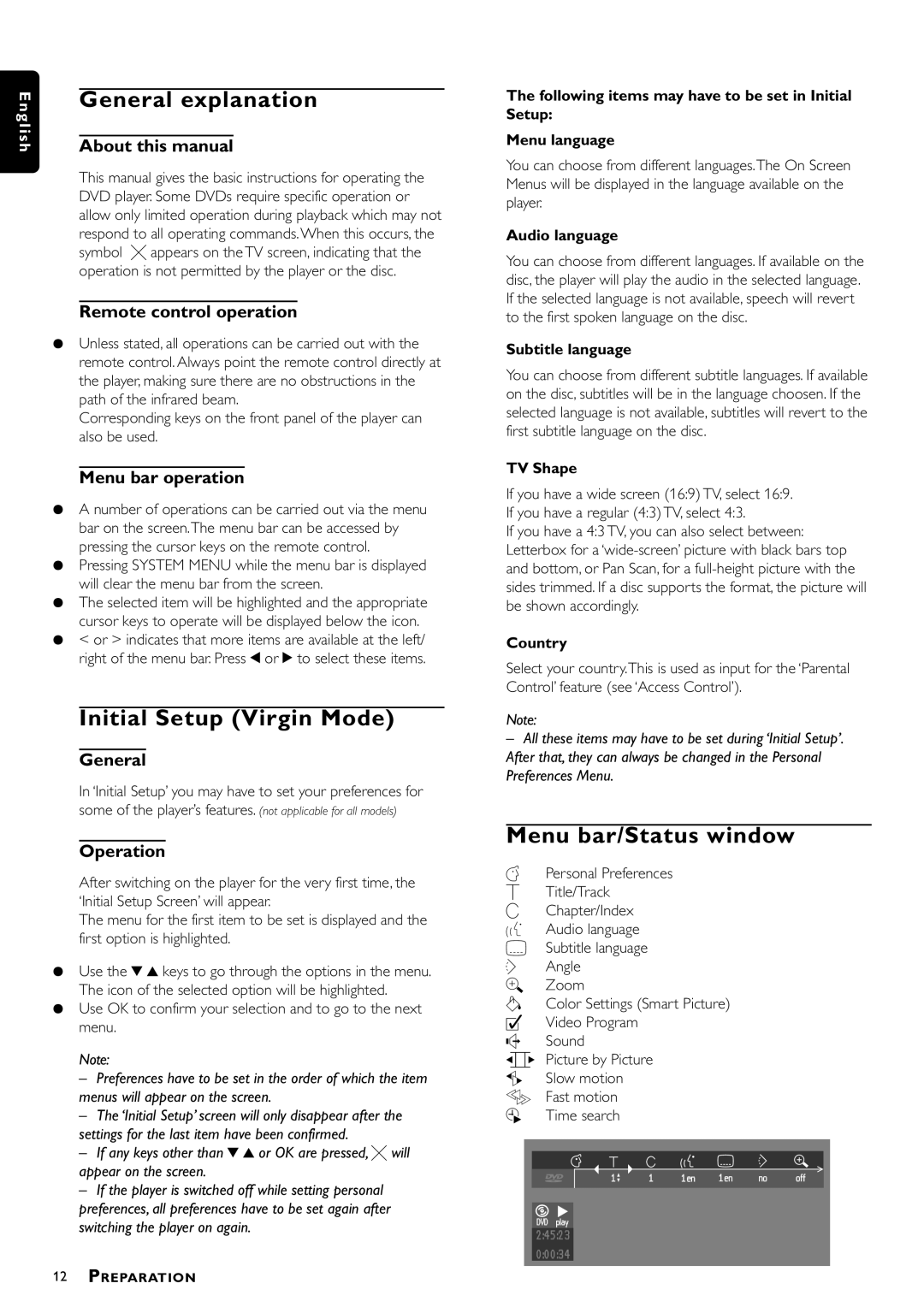 Philips DVD958/G51 manual General explanation, Initial Setup Virgin Mode, Menu bar/Status window 