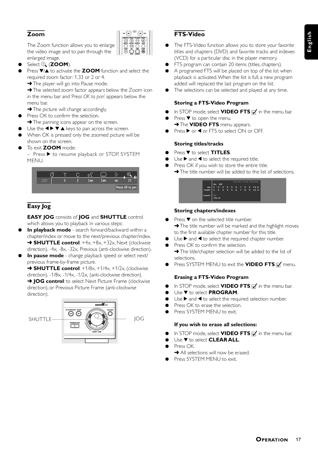 Philips DVD958/G51 manual Zoom, FTS-Video, Easy Jog, Shuttle 