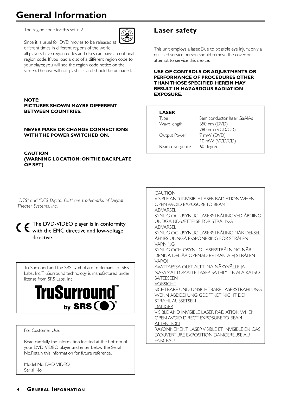 Philips DVD958/G51 manual General Information, Laser safety, Region code for this set is, Model No. DVD-VIDEO Serial No 