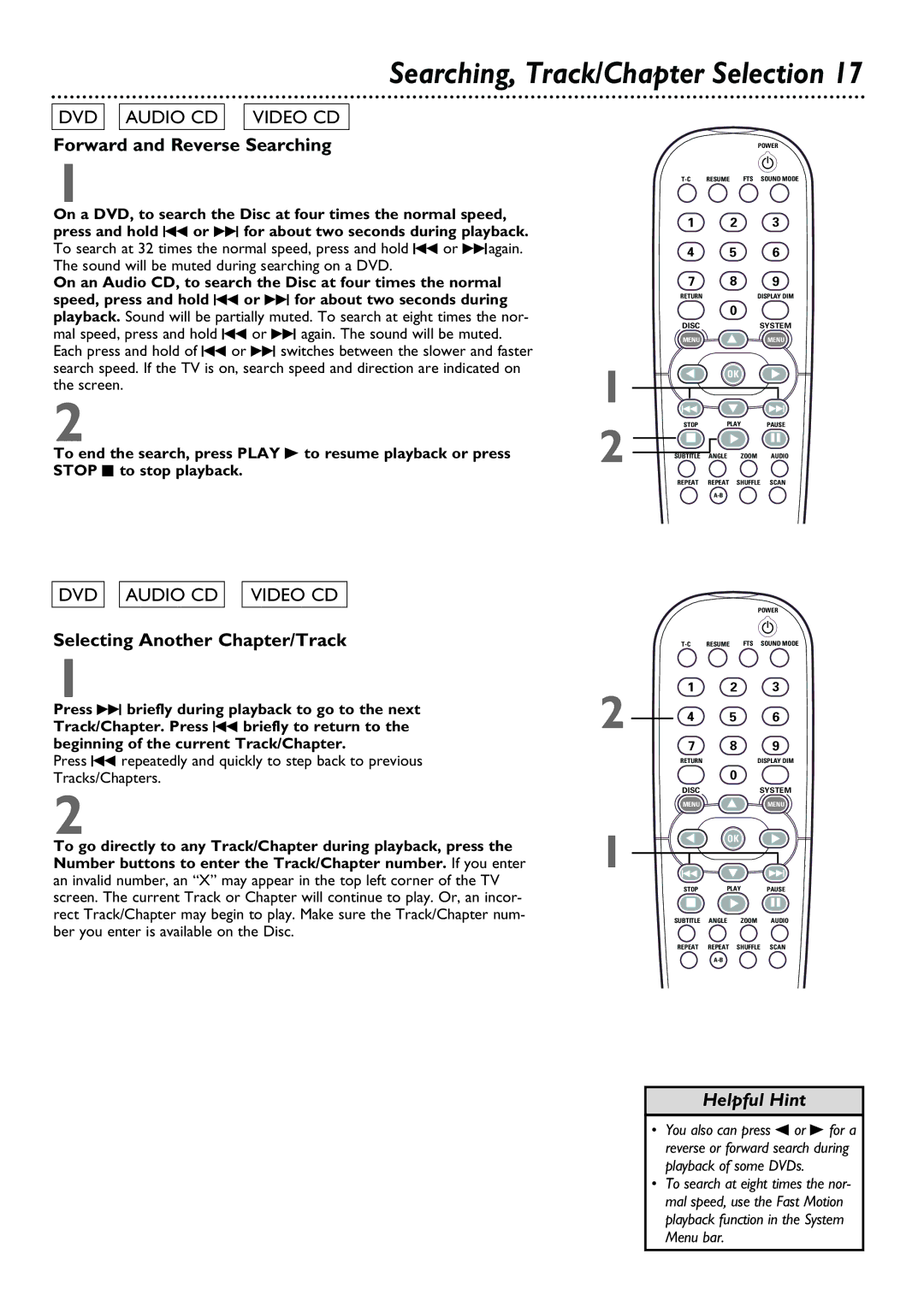 Philips DVD962SA owner manual Forward and Reverse Searching, Selecting Another Chapter/Track, Tracks/Chapters 