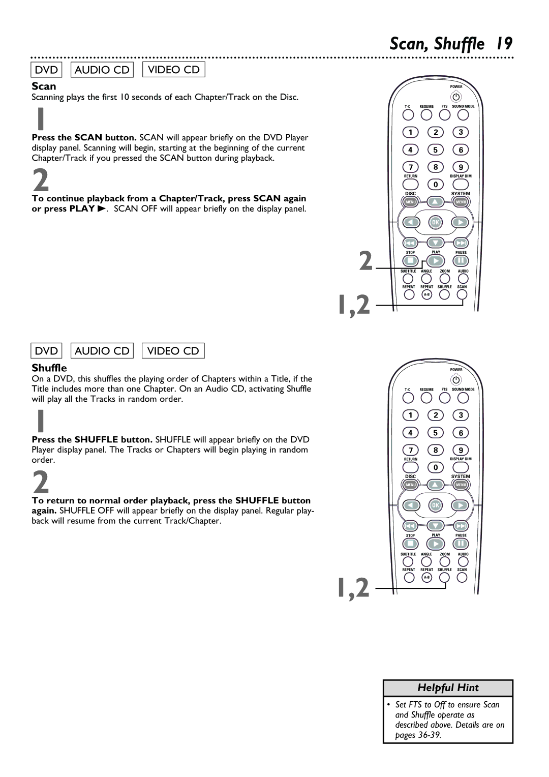 Philips DVD962SA owner manual Scan, Shuffle 