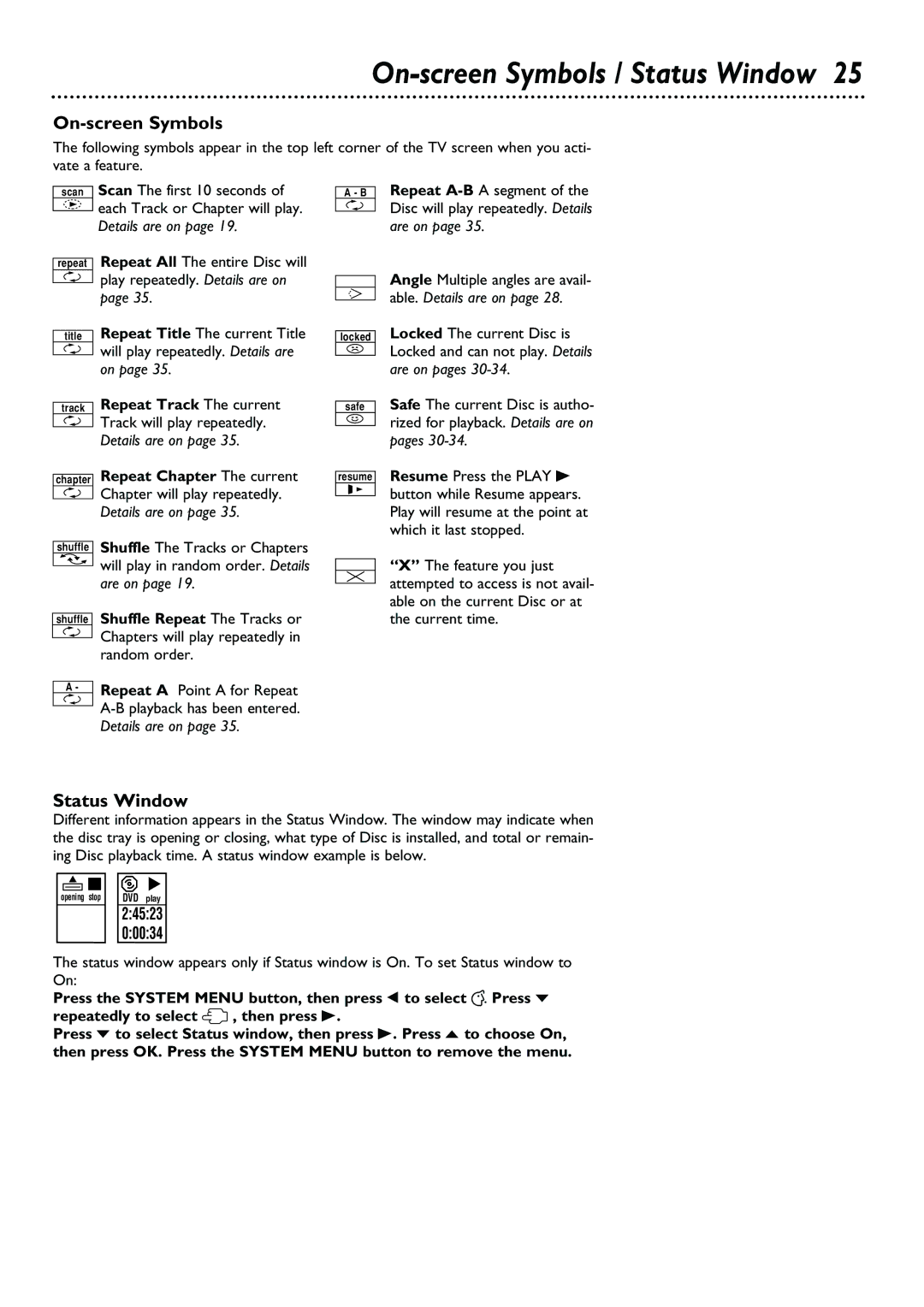 Philips DVD962SA owner manual On-screen Symbols / Status Window, Repeat Track The current 