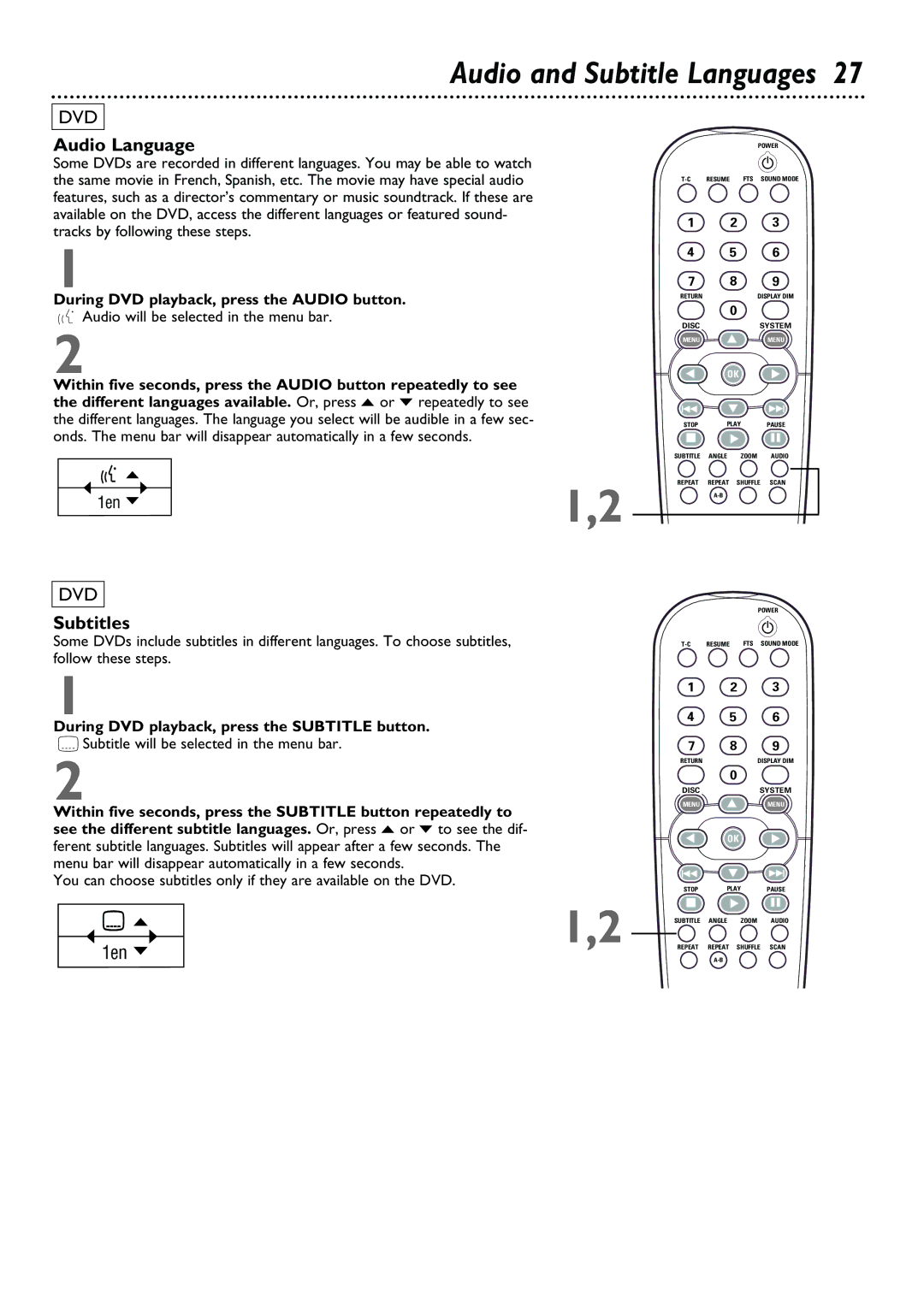 Philips DVD962SA owner manual Audio Language, Subtitles, During DVD playback, press the Audio button 