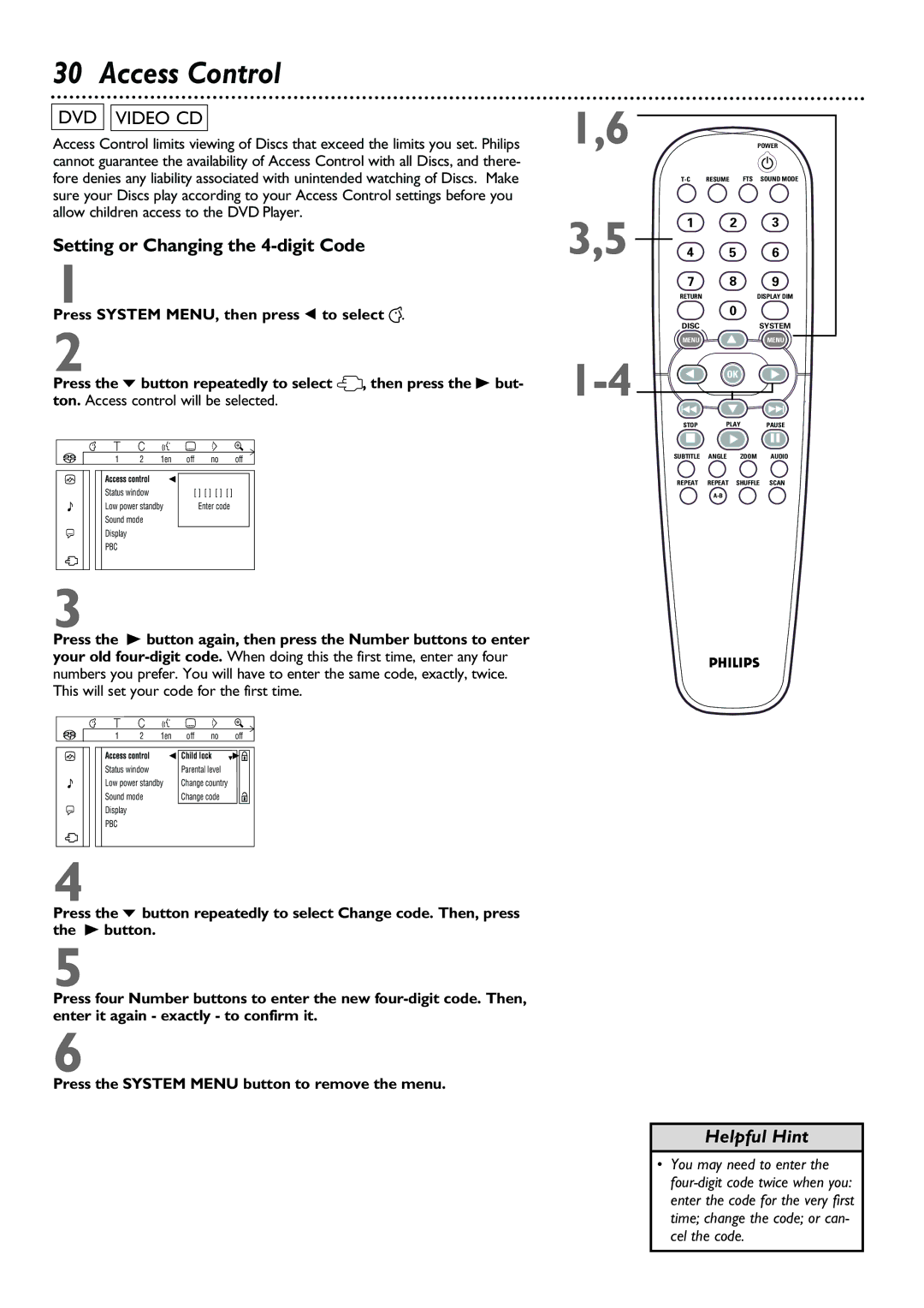 Philips DVD962SA owner manual Access Control, Setting or Changing the 4-digit Code 