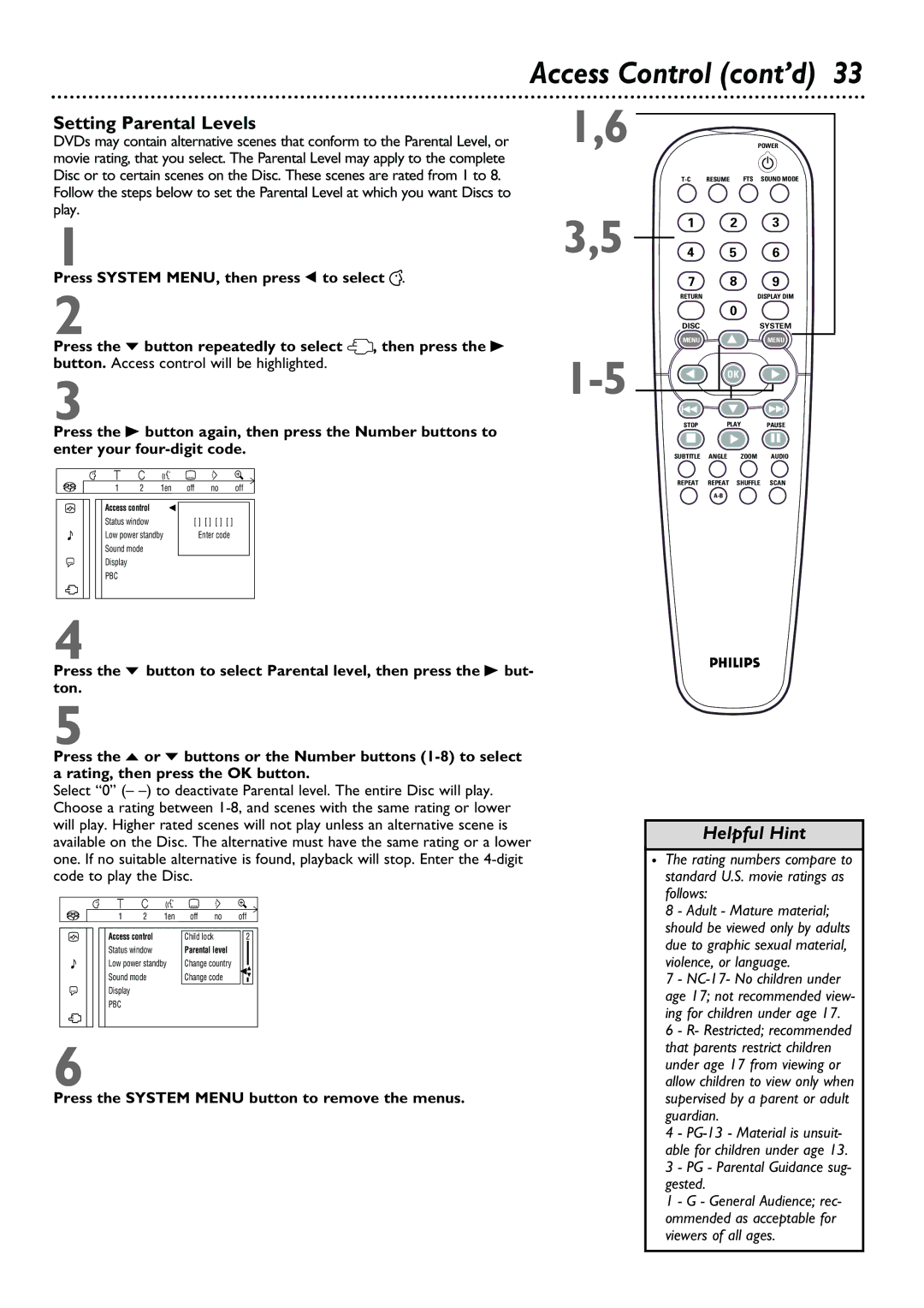 Philips DVD962SA owner manual Setting Parental Levels 