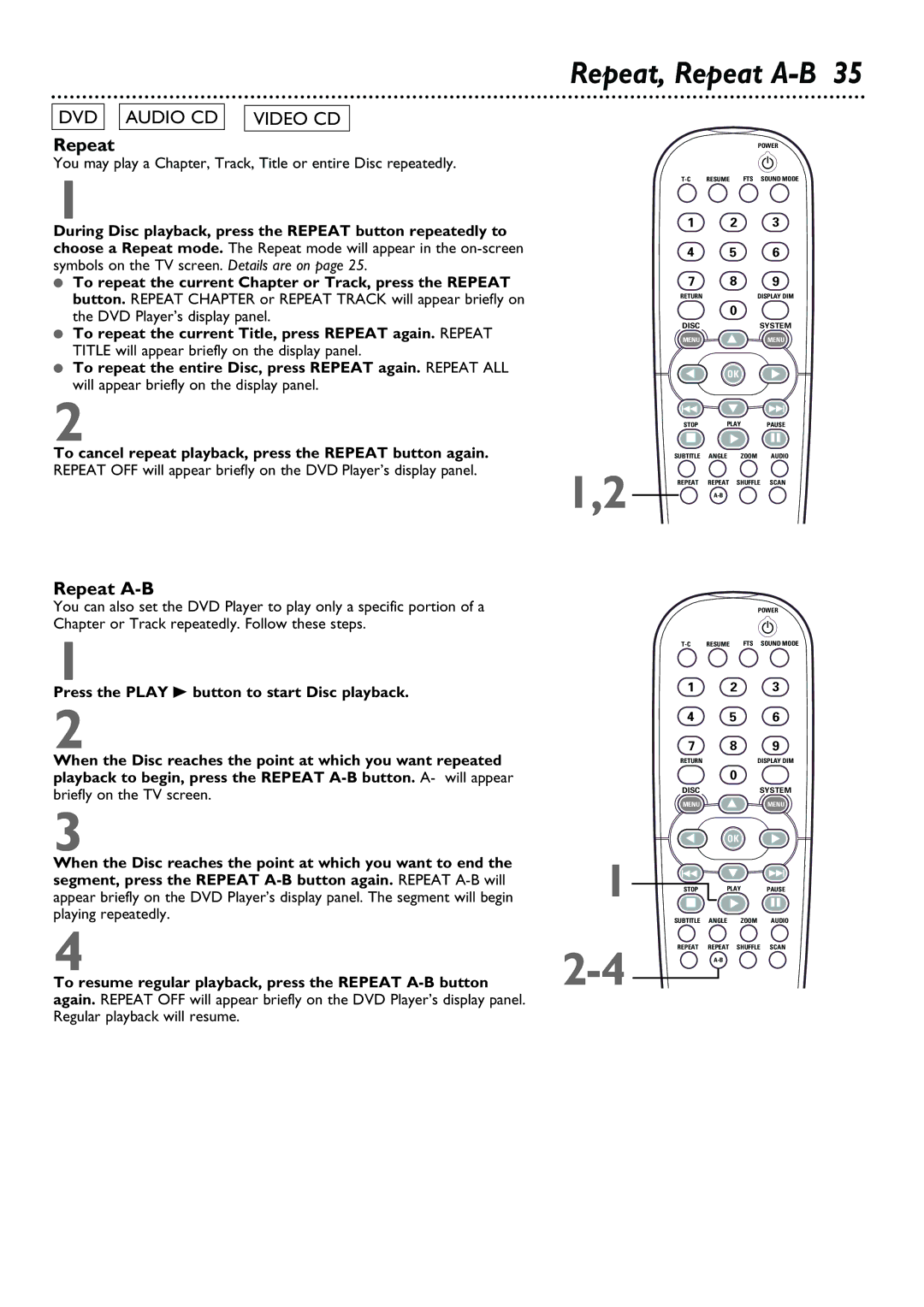 Philips DVD962SA owner manual Repeat, Repeat A-B 