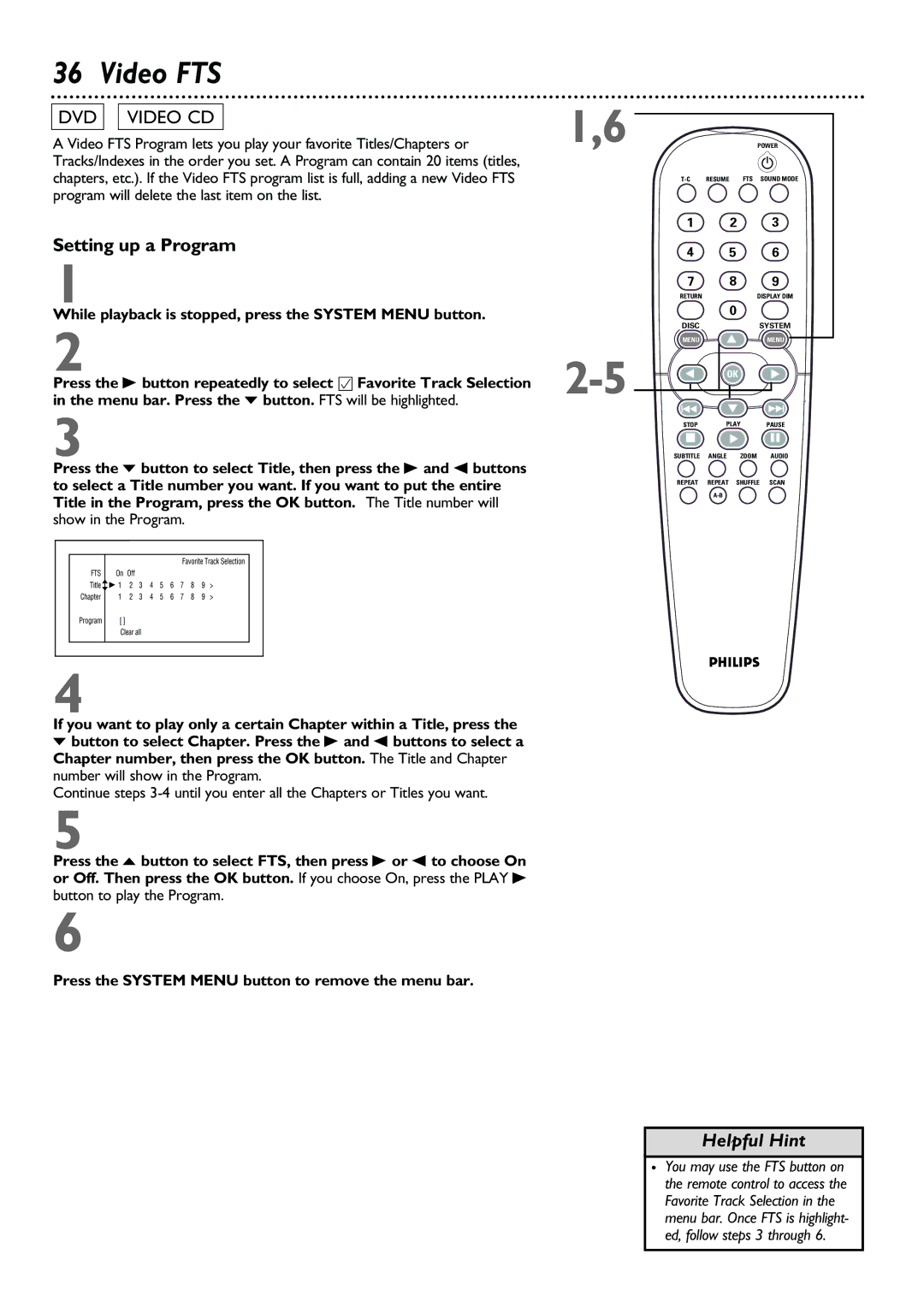 Philips DVD962SA owner manual Video FTS, Setting up a Program, While playback is stopped, press the System Menu button 