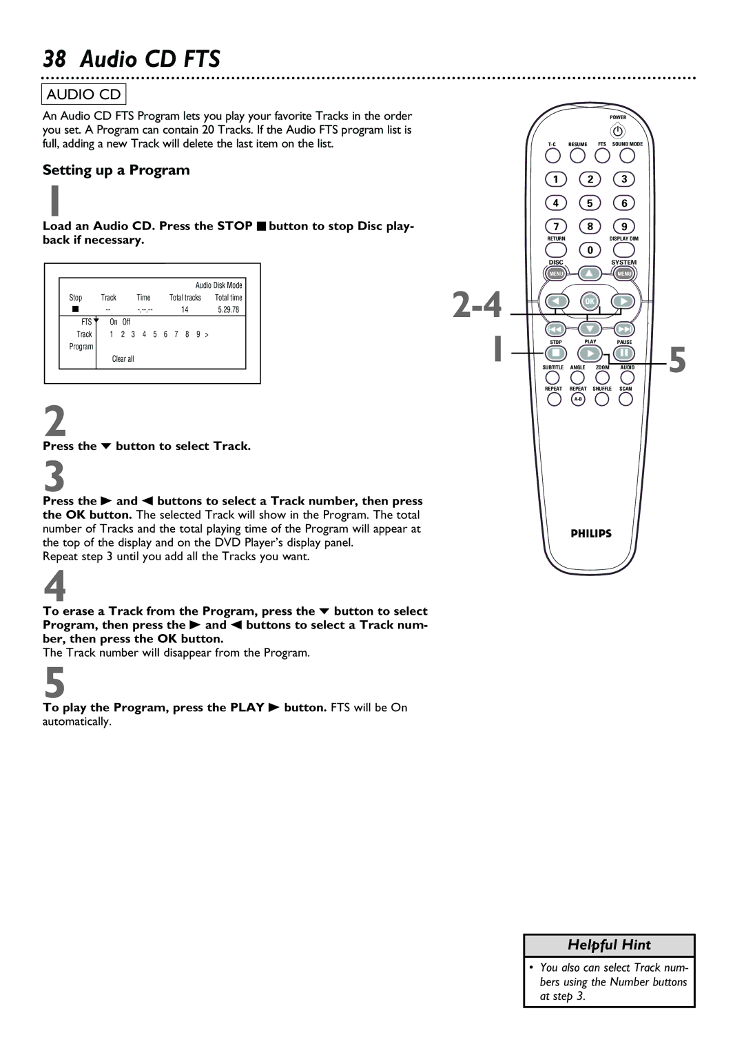 Philips DVD962SA owner manual Audio CD FTS, To play the Program, press the Play B button. FTS will be On 