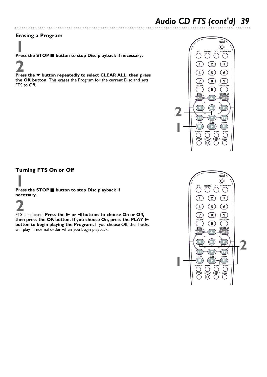 Philips DVD962SA owner manual Audio CD FTS contd, Erasing a Program, Turning FTS On or Off 