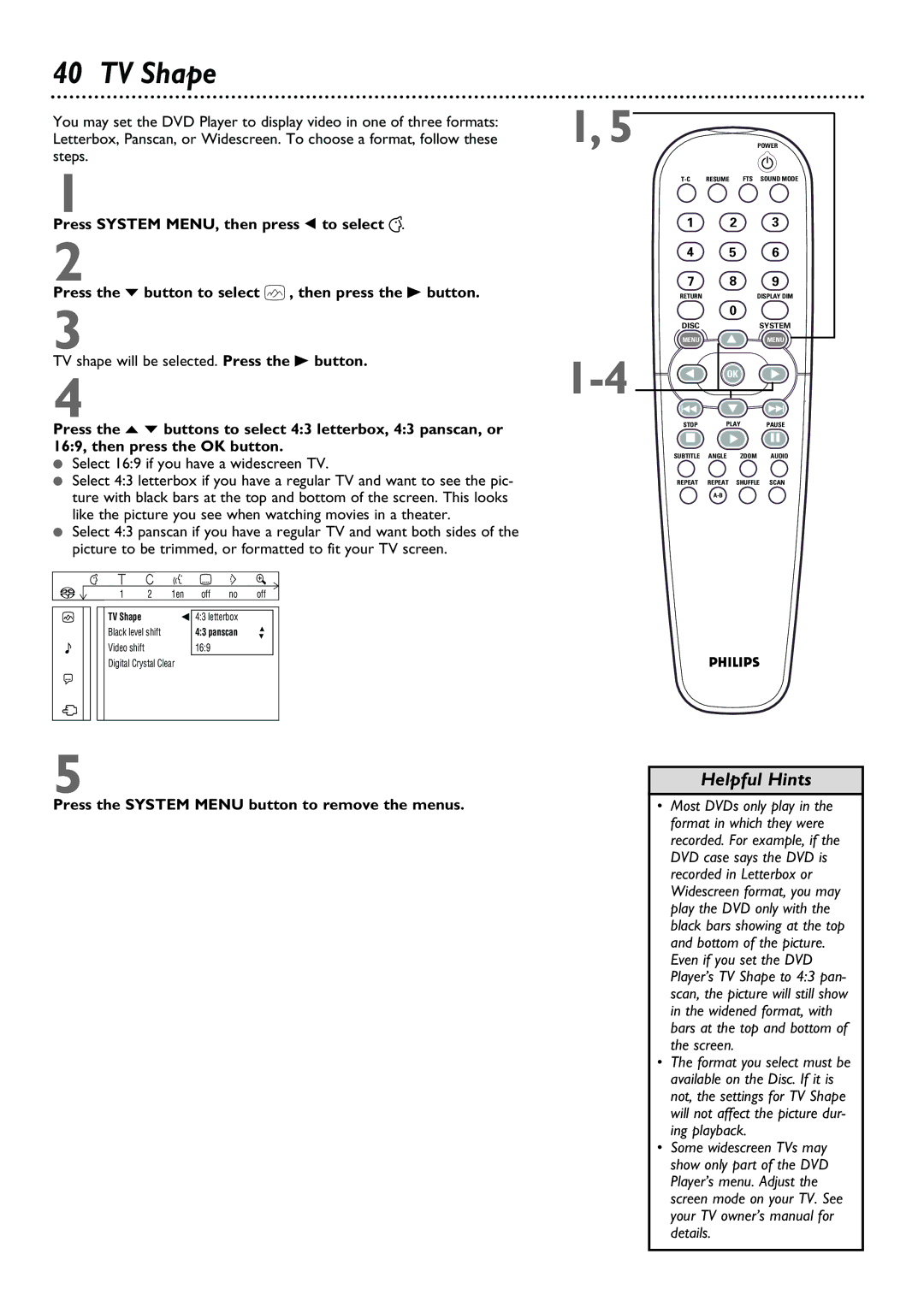 Philips DVD962SA owner manual TV Shape, Press the System Menu button to remove the menus 