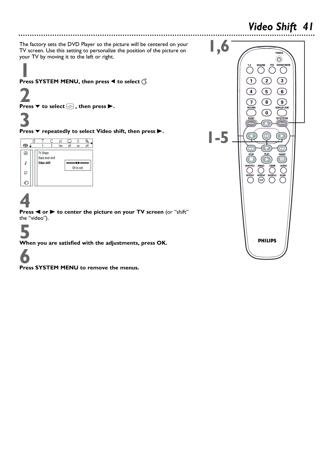 Philips DVD962SA owner manual Video Shift 