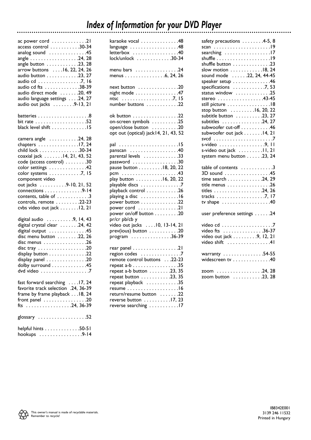 Philips DVD962SA owner manual Index of Information for your DVD Player, 36-39 