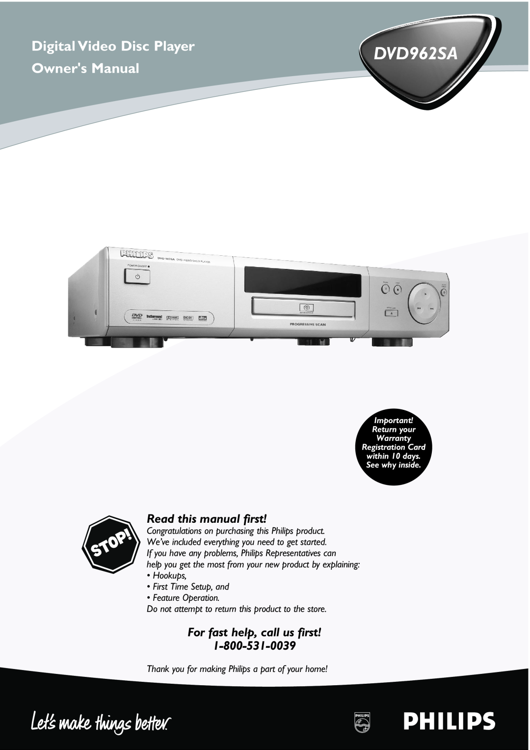 Philips DVD962SA owner manual Digital Video Disc Player, Owners Manual, Read this manual first 