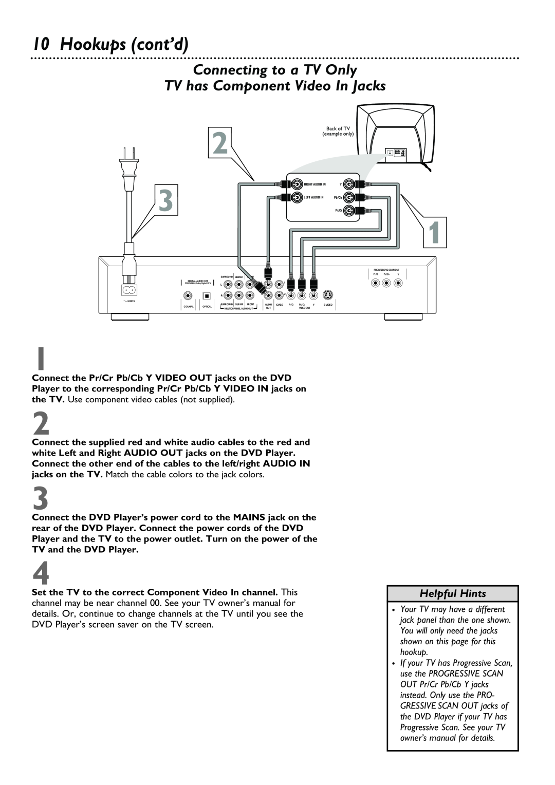 Philips DVD962SA owner manual Hookups cont’d, Connecting to a TV Only TV has Component Video In Jacks, Helpful Hints 