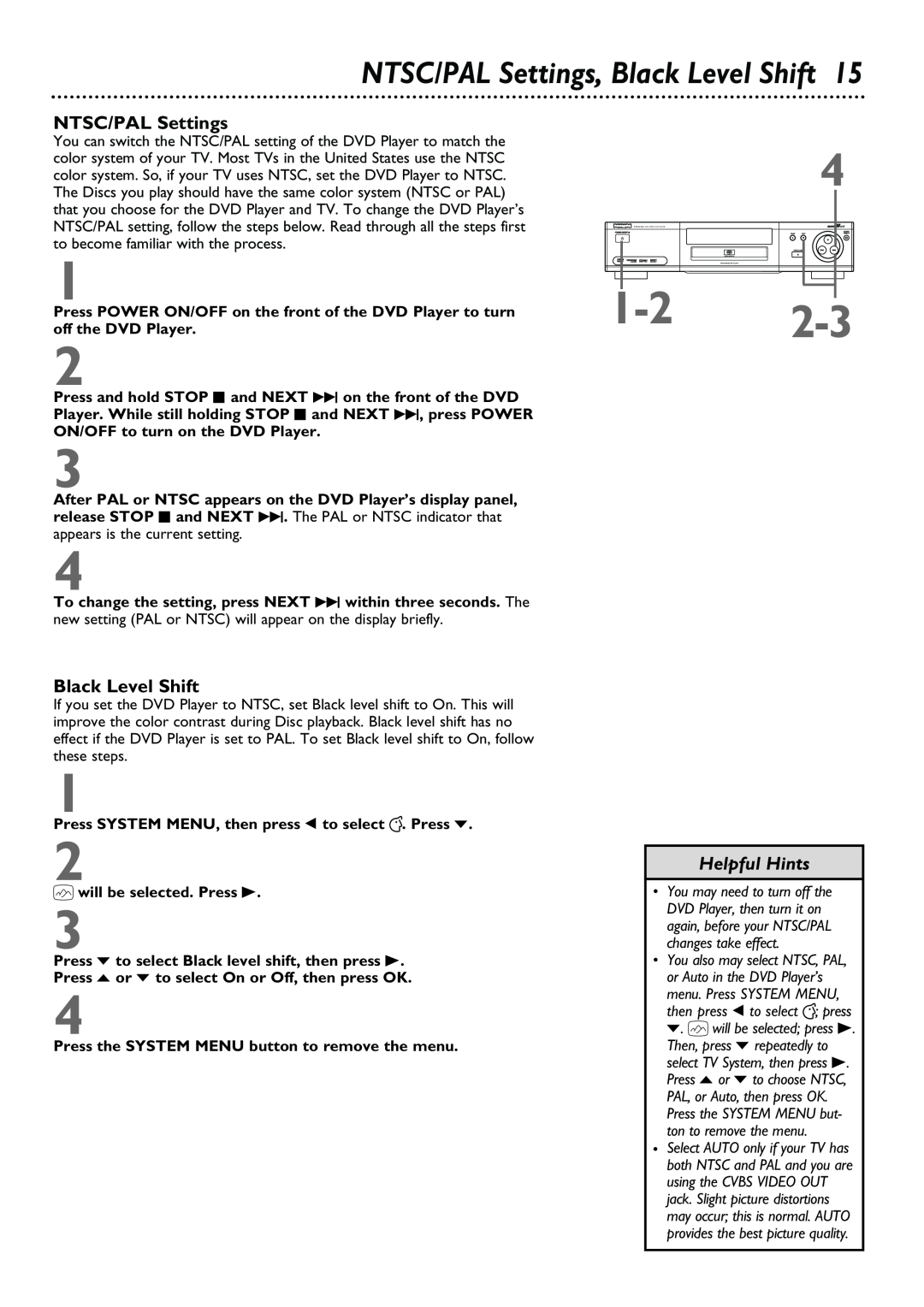 Philips DVD962SA owner manual NTSC/PAL Settings, Black Level Shift, Helpful Hints 