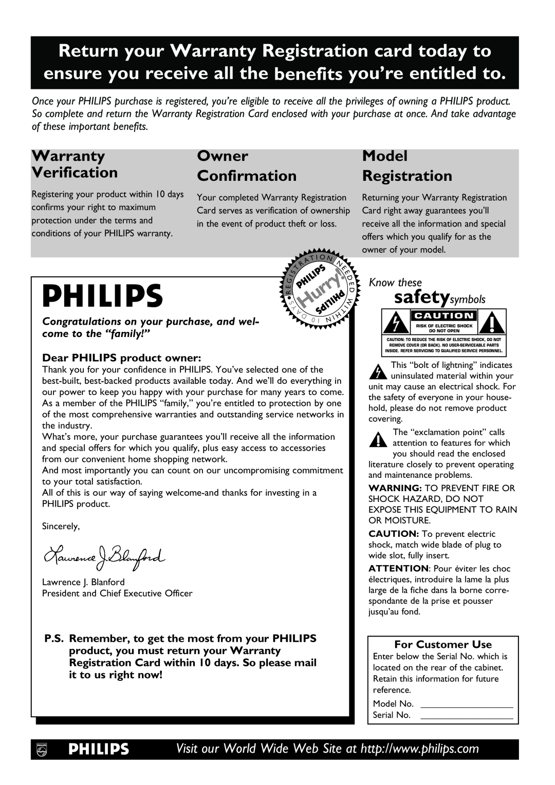 Philips DVD962SA Congratulations on your purchase, and wel, come to the “family!”, Dear PHILIPS product owner, Hurry!T 