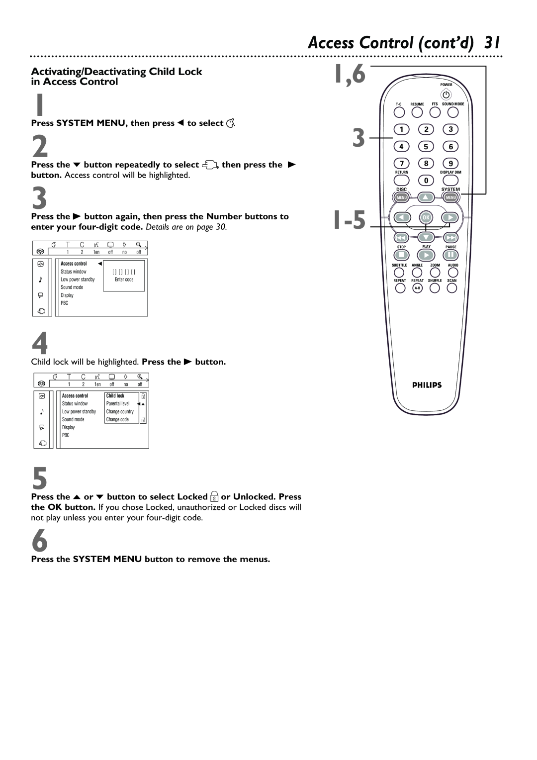 Philips DVD962SA owner manual Access Control cont’d, Activating/Deactivating Child Lock in Access Control 