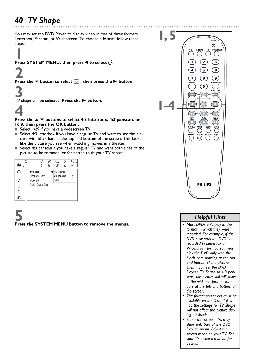 Philips DVD962SA owner manual TV Shape, Helpful Hints, details 