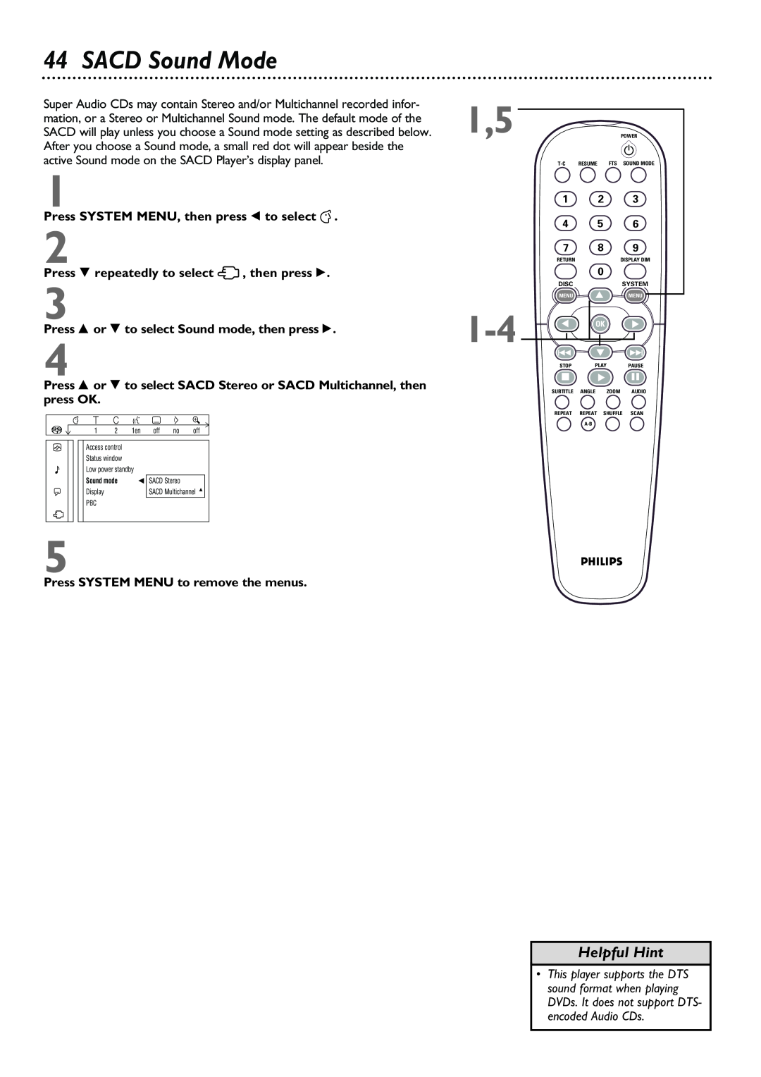 Philips DVD962SA owner manual SACD Sound Mode, 1,5 1-4, Helpful Hint, encoded Audio CDs 