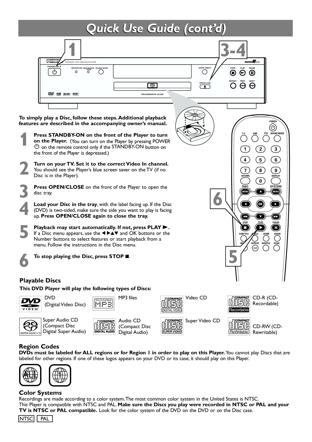 Philips DVD963SA owner manual Playable Discs, Region Codes, Color Systems 