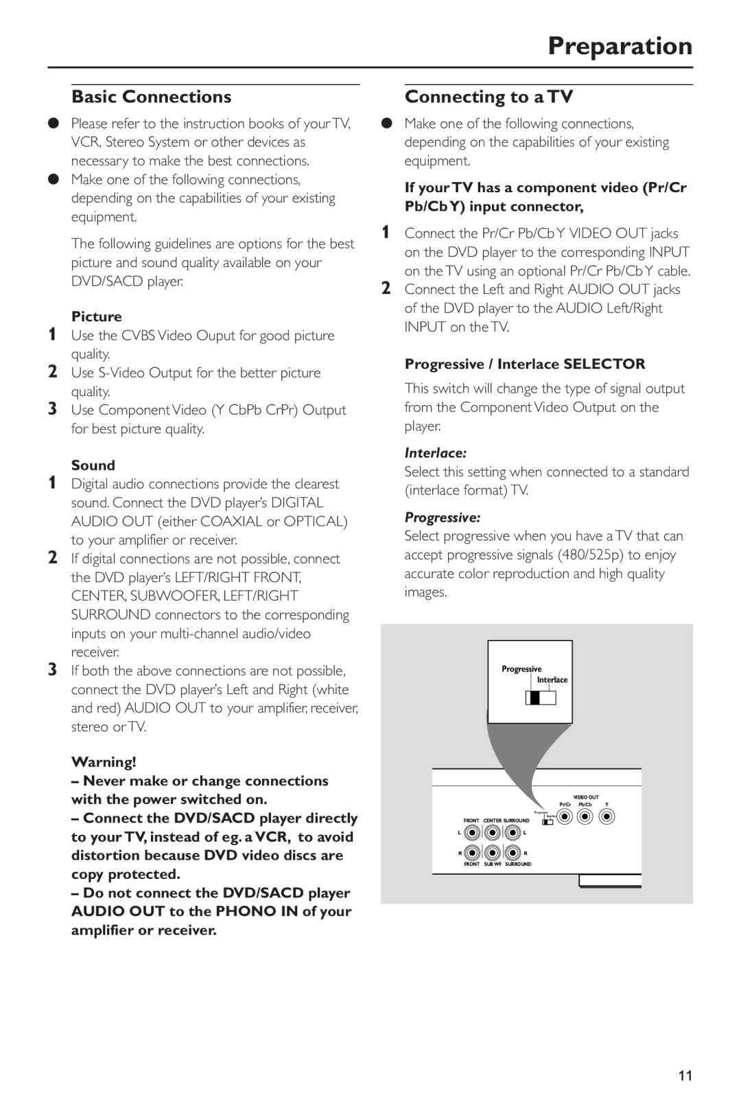 Philips DVD963SA98 owner manual Preparation, Basic Connections, Connecting to a TV, Picture, Sound 