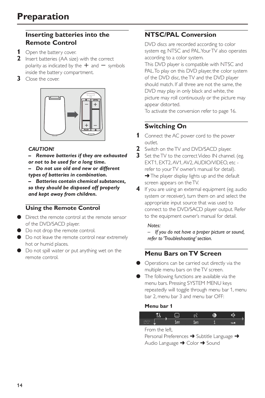 Philips DVD963SA98 Inserting batteries into the Remote Control, NTSC/PAL Conversion, Switching On, Menu Bars on TV Screen 