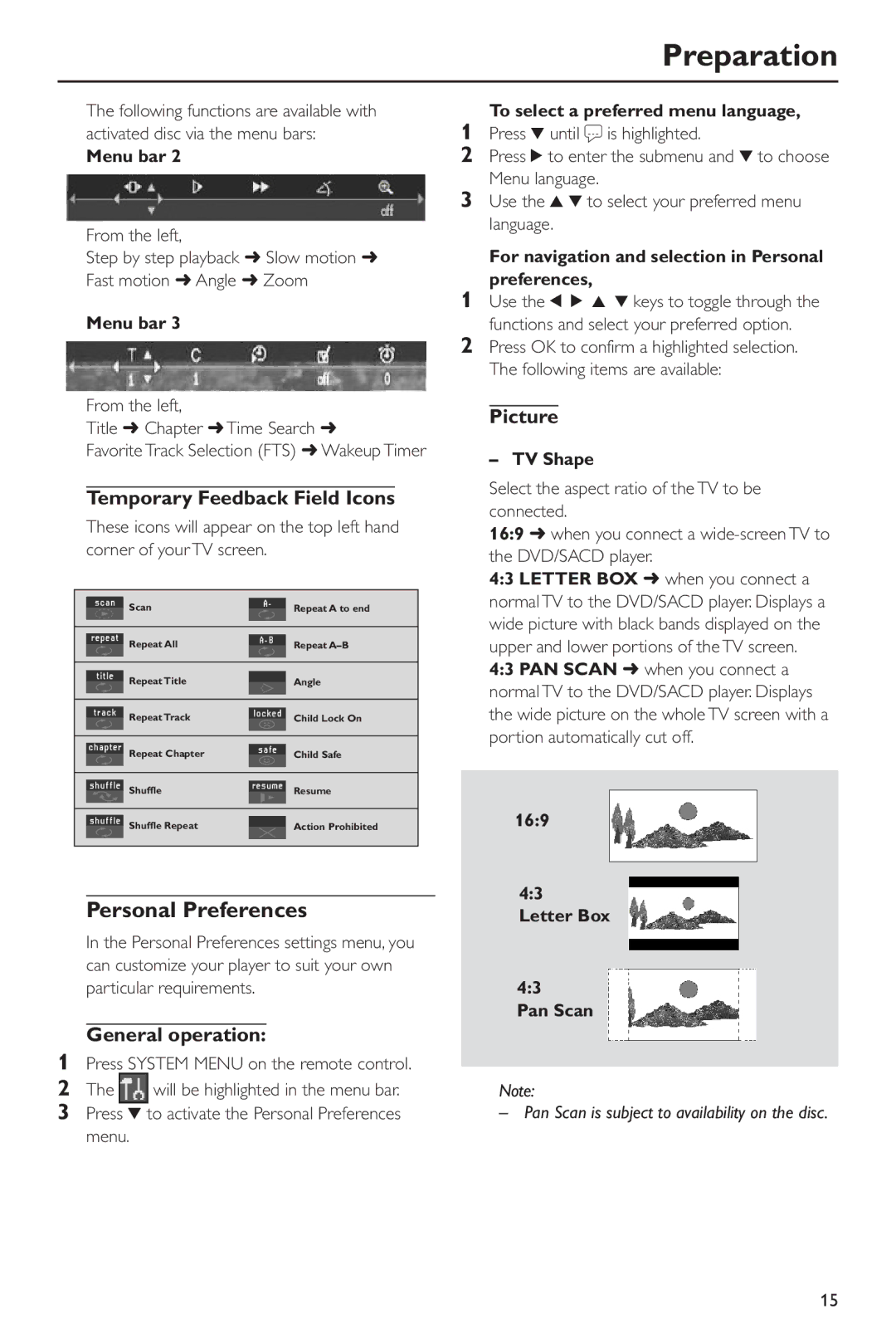 Philips DVD963SA98 owner manual Personal Preferences, Temporary Feedback Field Icons, General operation, Picture 