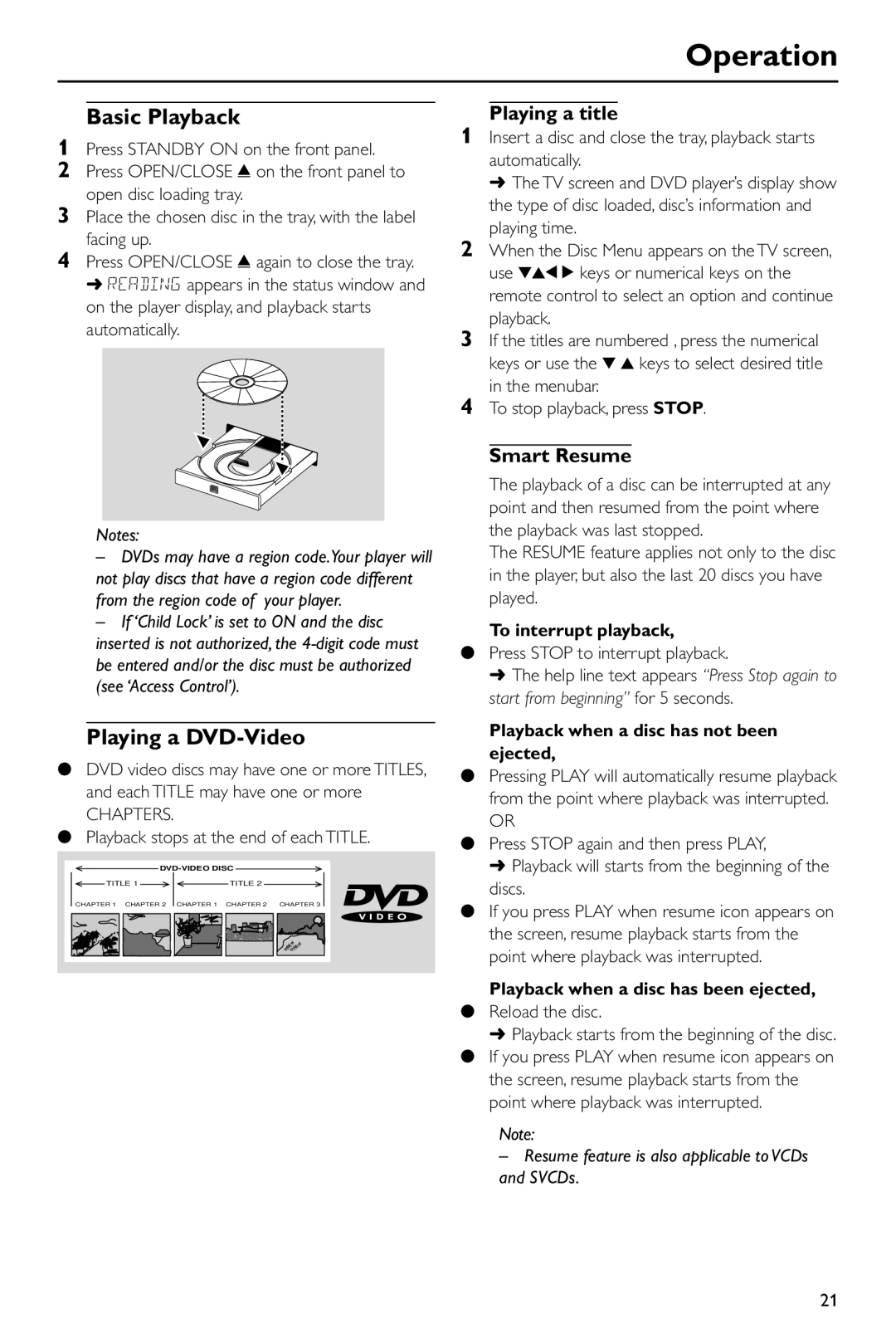 Philips DVD963SA98 owner manual Operation, Basic Playback, Playing a DVD-Video, Playing a title, Smart Resume 