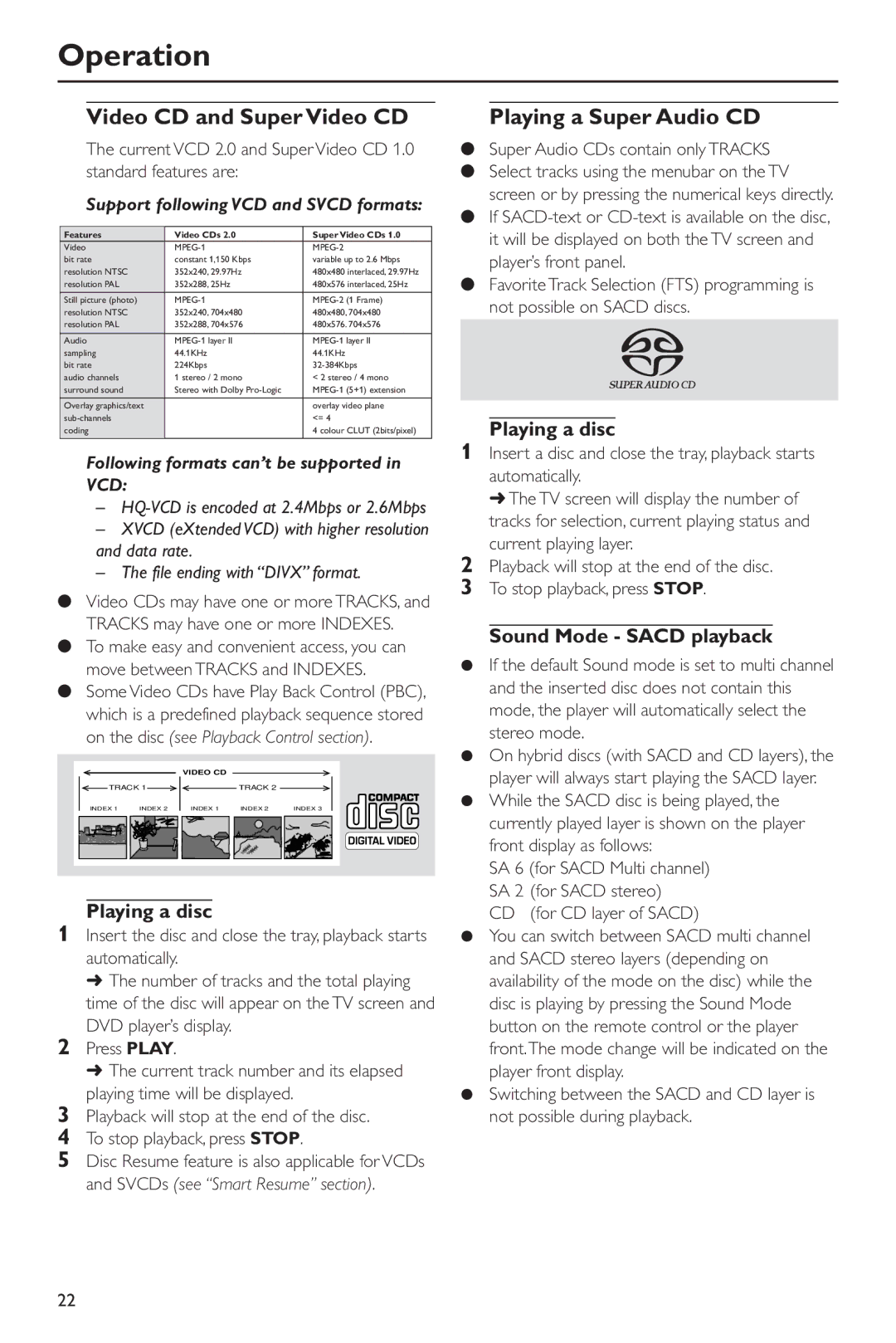 Philips DVD963SA98 Video CD and Super Video CD, Playing a Super Audio CD, Playing a disc, Sound Mode Sacd playback 