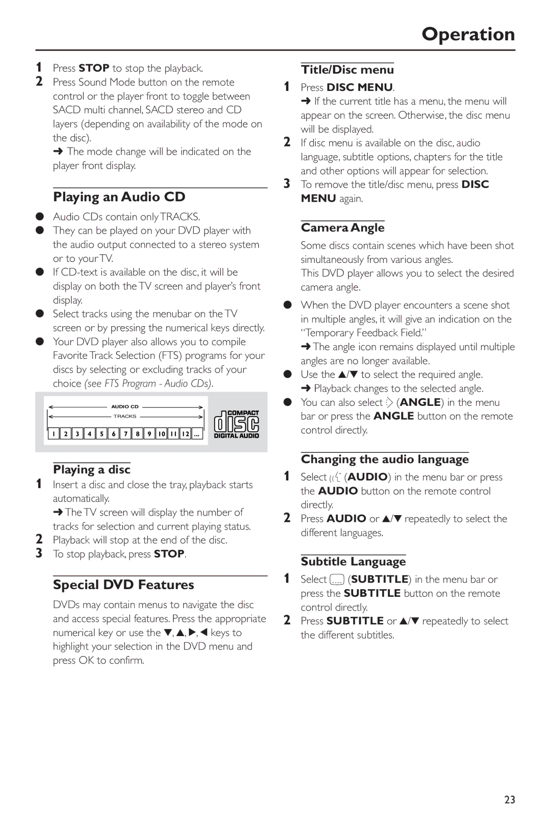 Philips DVD963SA98 owner manual Playing an Audio CD, Special DVD Features 