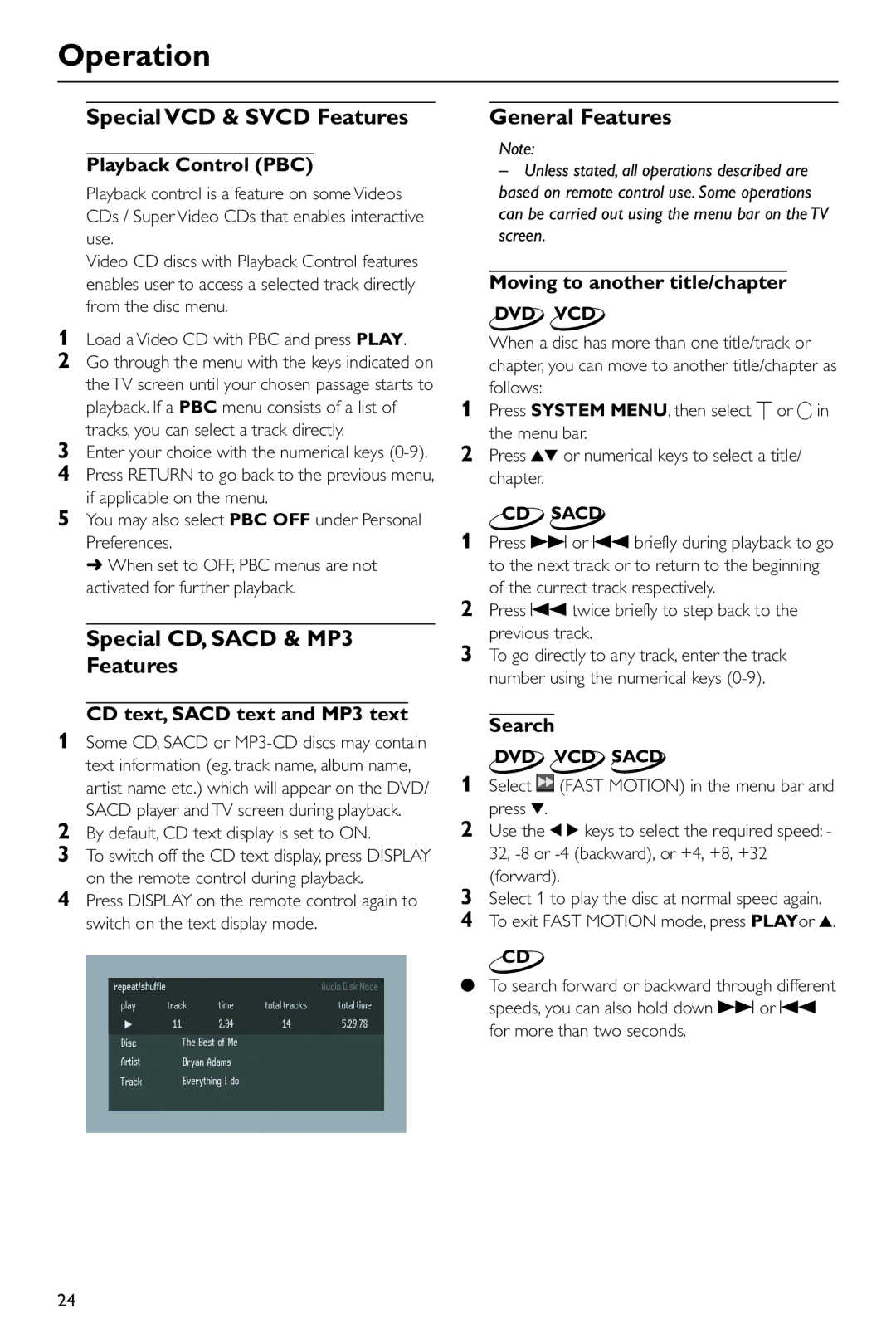 Philips DVD963SA98 owner manual Special VCD & Svcd Features, Special CD, Sacd & MP3 Features, General Features 