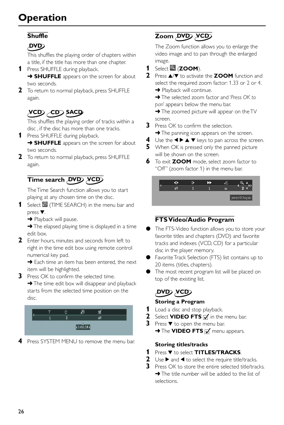 Philips DVD963SA98 owner manual Shuffle, Time search DVD VCD, FTS Video/Audio Program 