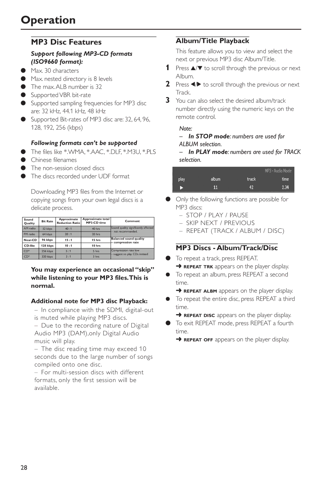 Philips DVD963SA98 owner manual MP3 Disc Features, Album/Title Playback, MP3 Discs Album/Track/Disc 