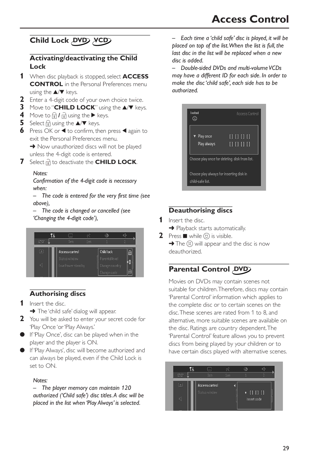 Philips DVD963SA98 owner manual Access Control, Child Lock DVD VCD, Parental Control DVD 